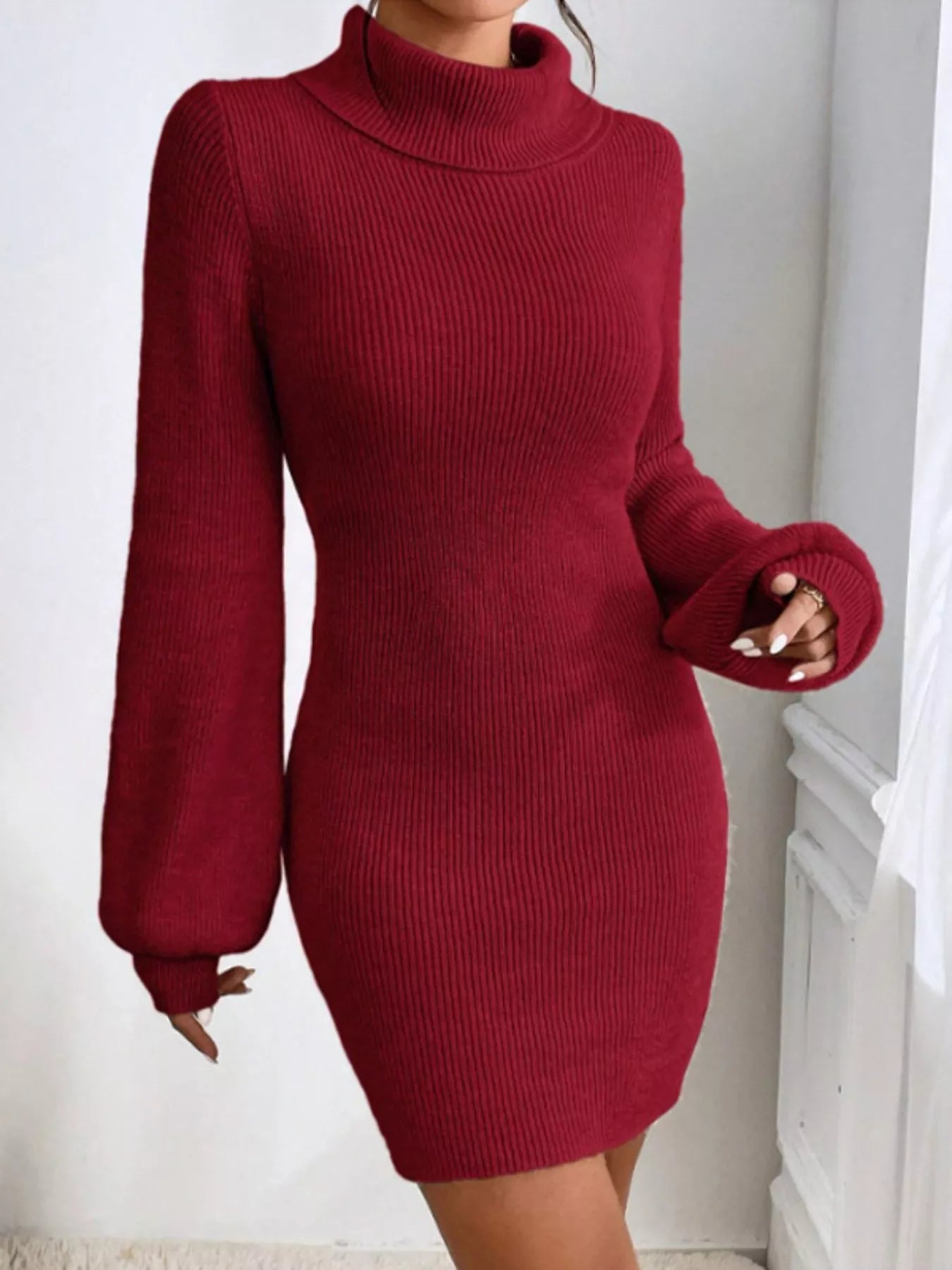 Turtleneck Ribbed Knit Sweater Dress designed for comfort and style at Lookzlike