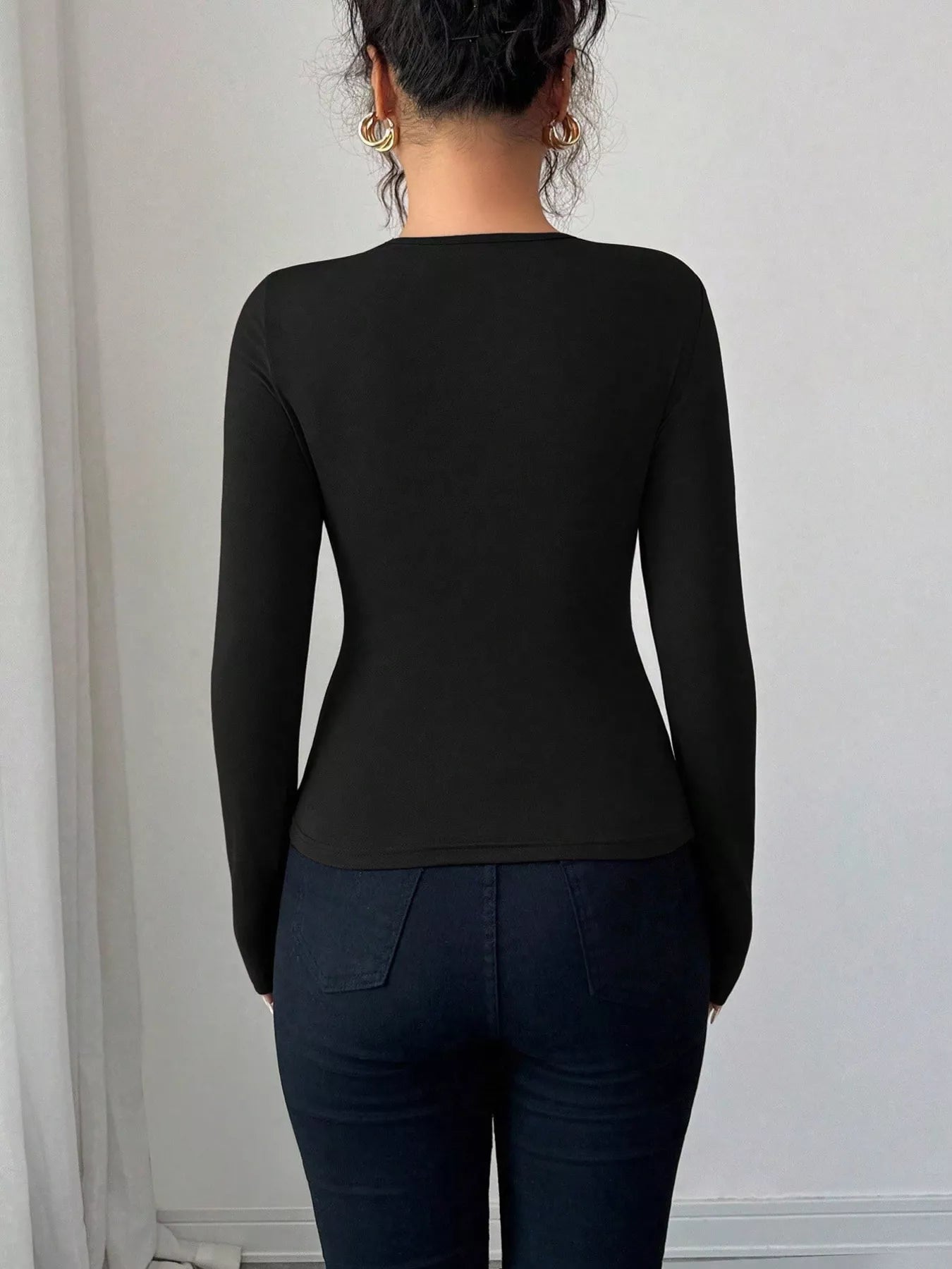 Twist Front Ring Detail Long Sleeve T-Shirt designed for comfort and style at Lookzlike