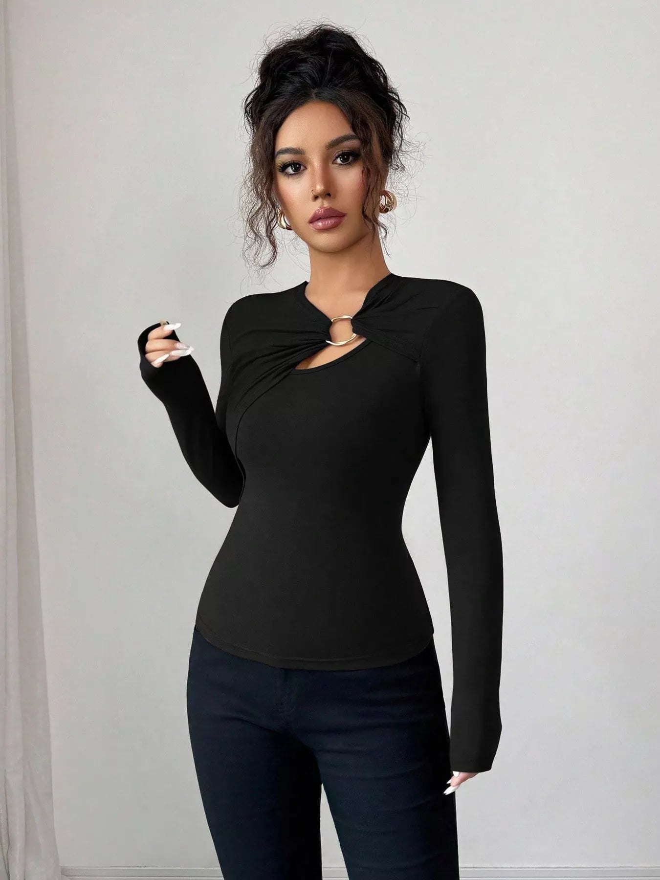 Twist Front Ring Detail Long Sleeve T-Shirt designed for comfort and style at Lookzlike