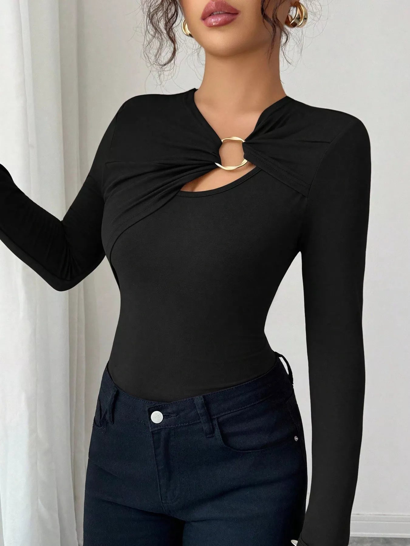 Twist Front Ring Detail Long Sleeve T-Shirt designed for comfort and style at Lookzlike