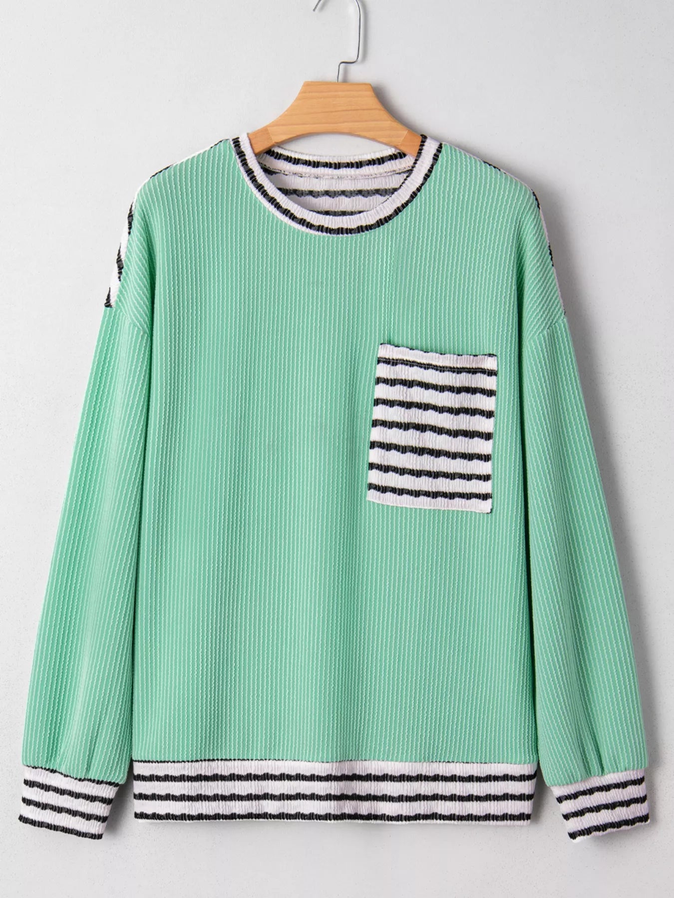 Twisted Ribbed Contrast Round Neck Striped Patchwork Long Sleeve Top designed for comfort and style at Lookzlike