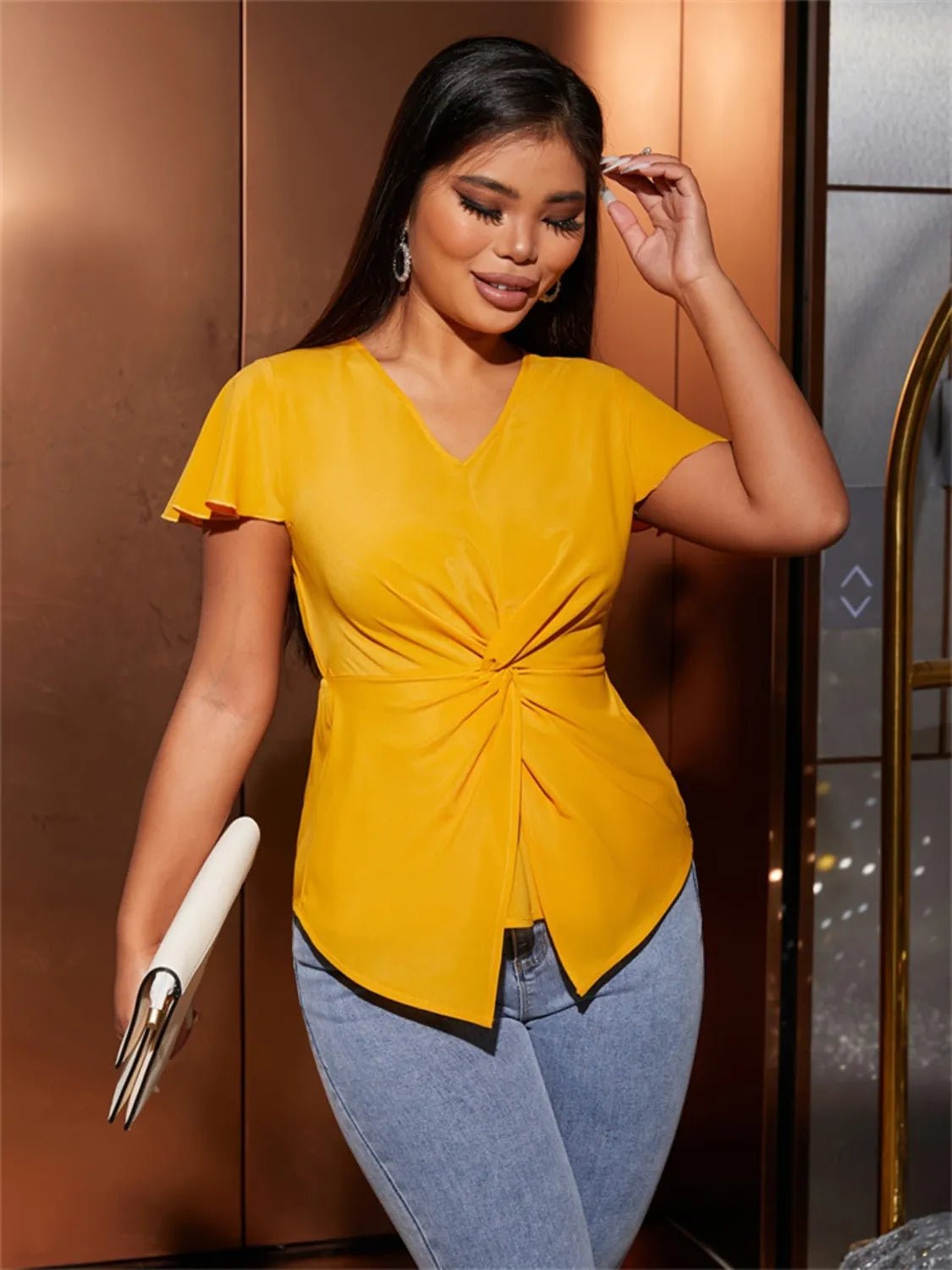 Twisted Solid V-Neck Cap Sleeve Blouse - Lookzlike