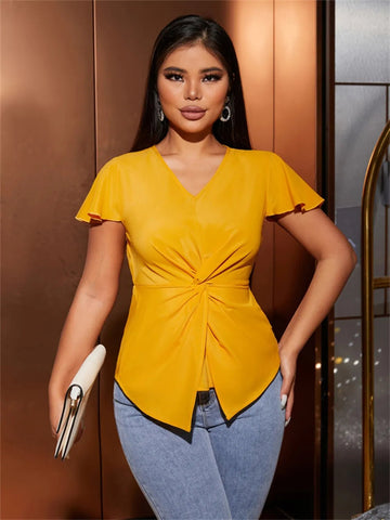 Twisted Solid V-Neck Cap Sleeve Blouse - Lookzlike