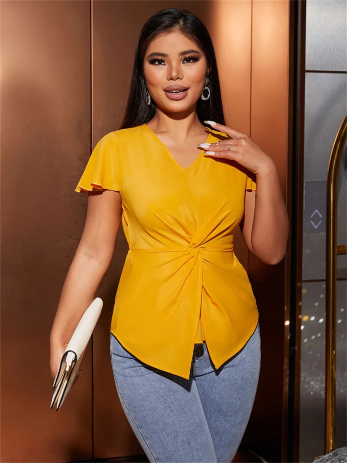 Twisted Solid V-Neck Cap Sleeve Blouse - Lookzlike