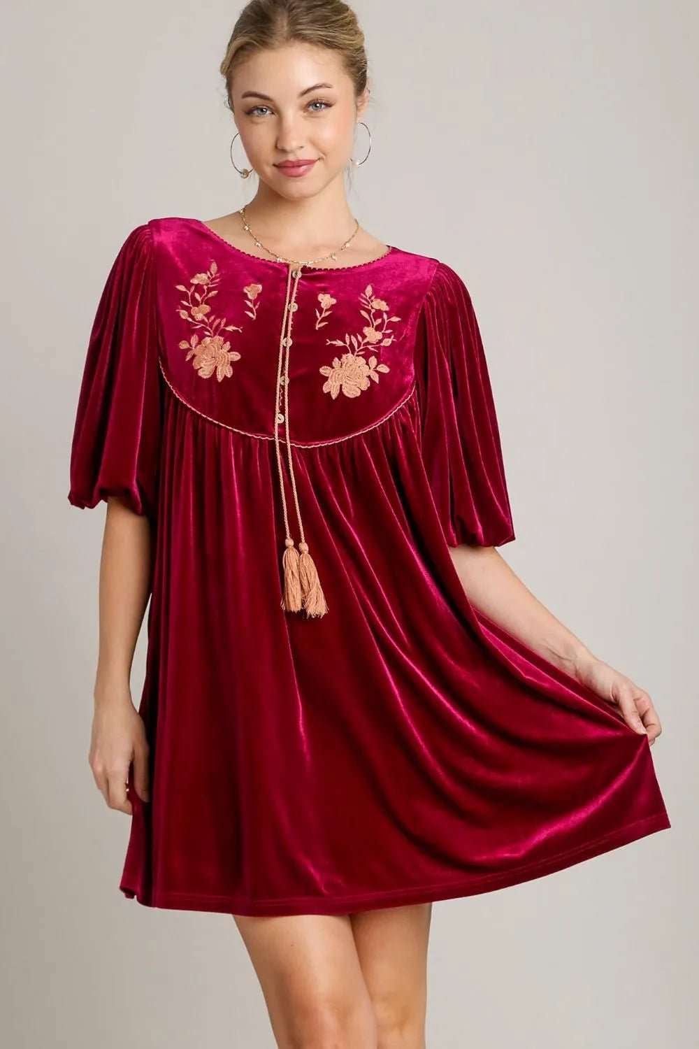 Umgee Embroidered Half Sleeve Velvet Mini Dress with Tassel - Lookzlike