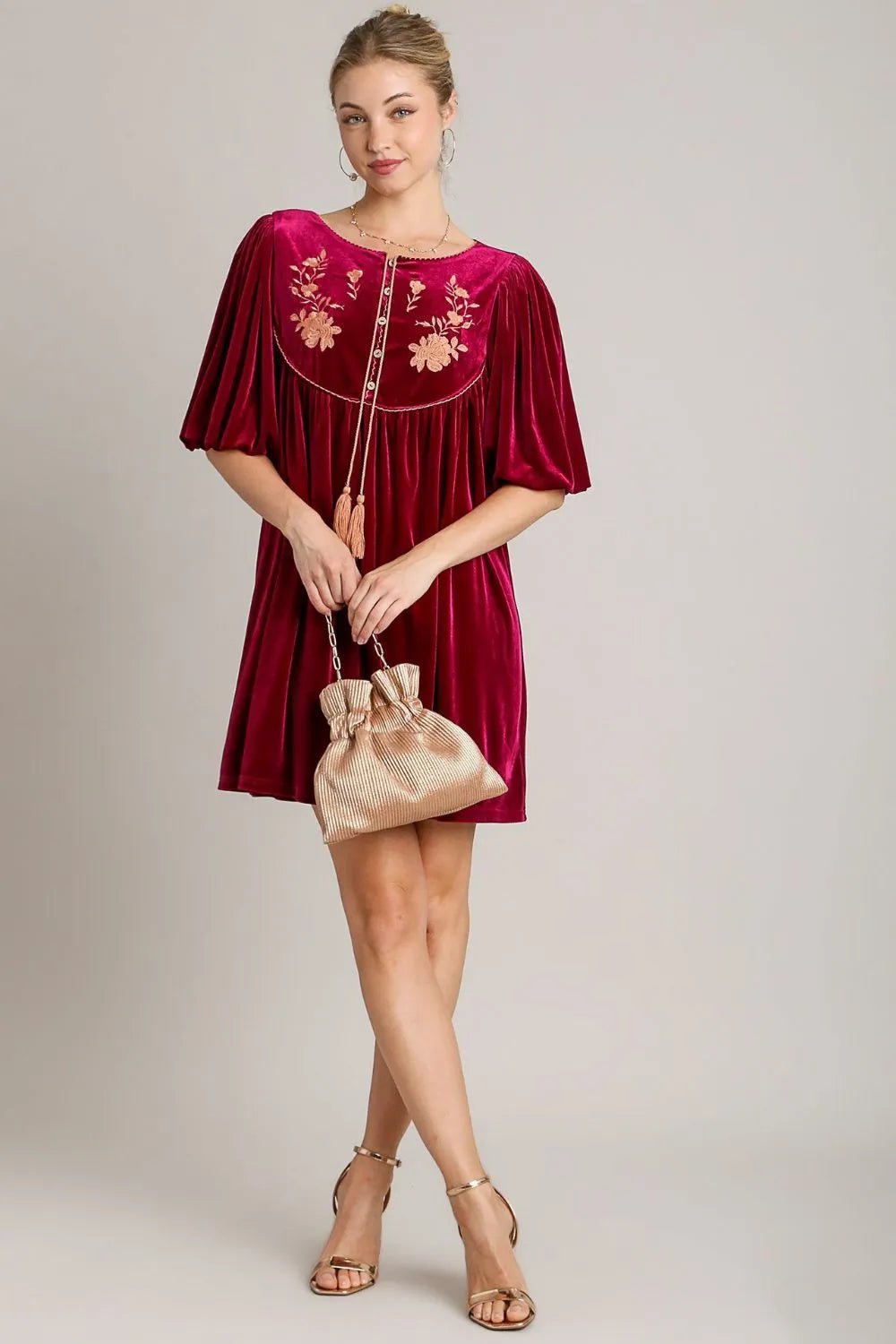 Umgee Embroidered Half Sleeve Velvet Mini Dress with Tassel - Lookzlike
