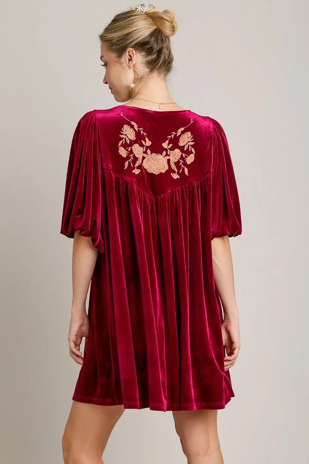 Umgee Embroidered Half Sleeve Velvet Mini Dress with Tassel - Lookzlike