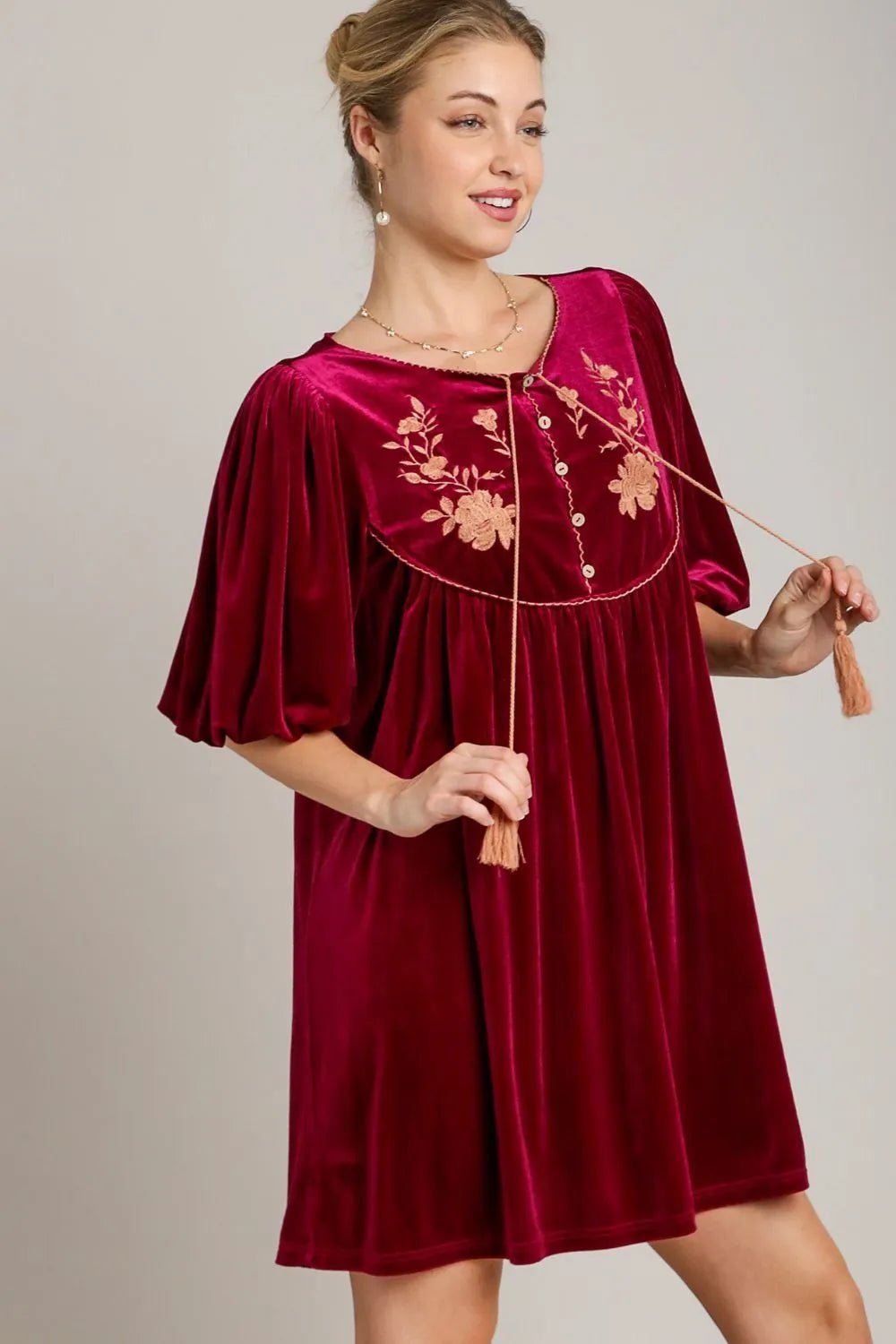 Umgee Embroidered Half Sleeve Velvet Mini Dress with Tassel - Lookzlike