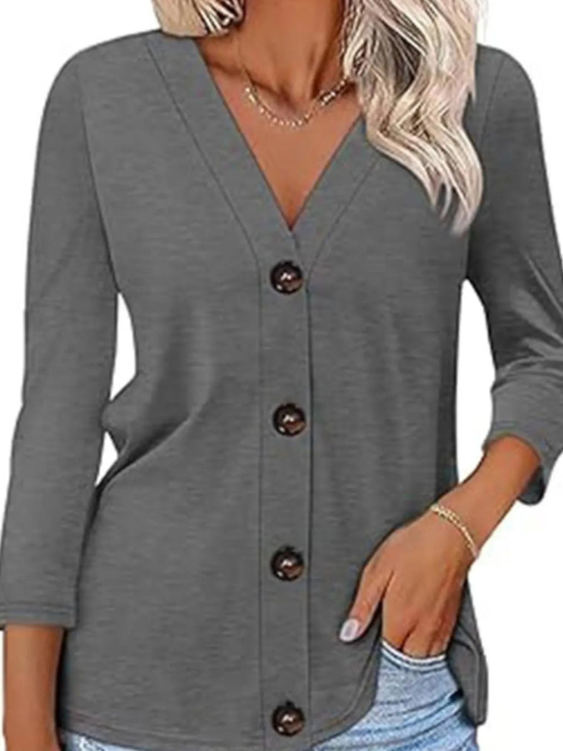 V - Neck Button Front Casual Top designed for comfort and style at Lookzlike