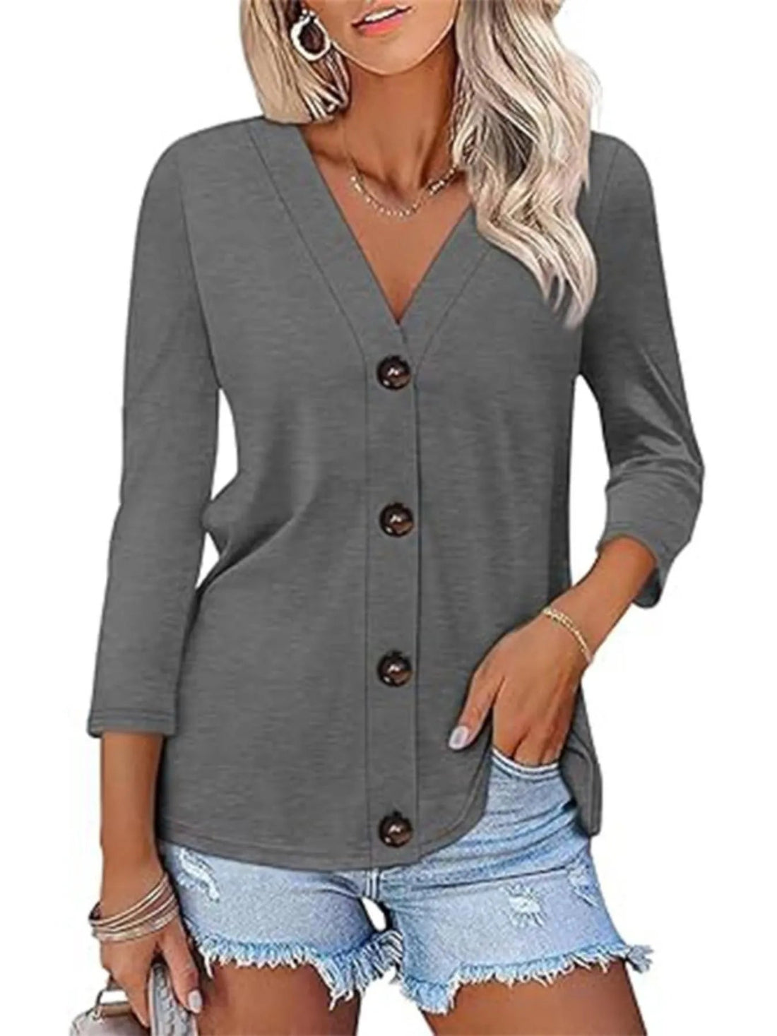 V - Neck Button Front Casual Top designed for comfort and style at Lookzlike