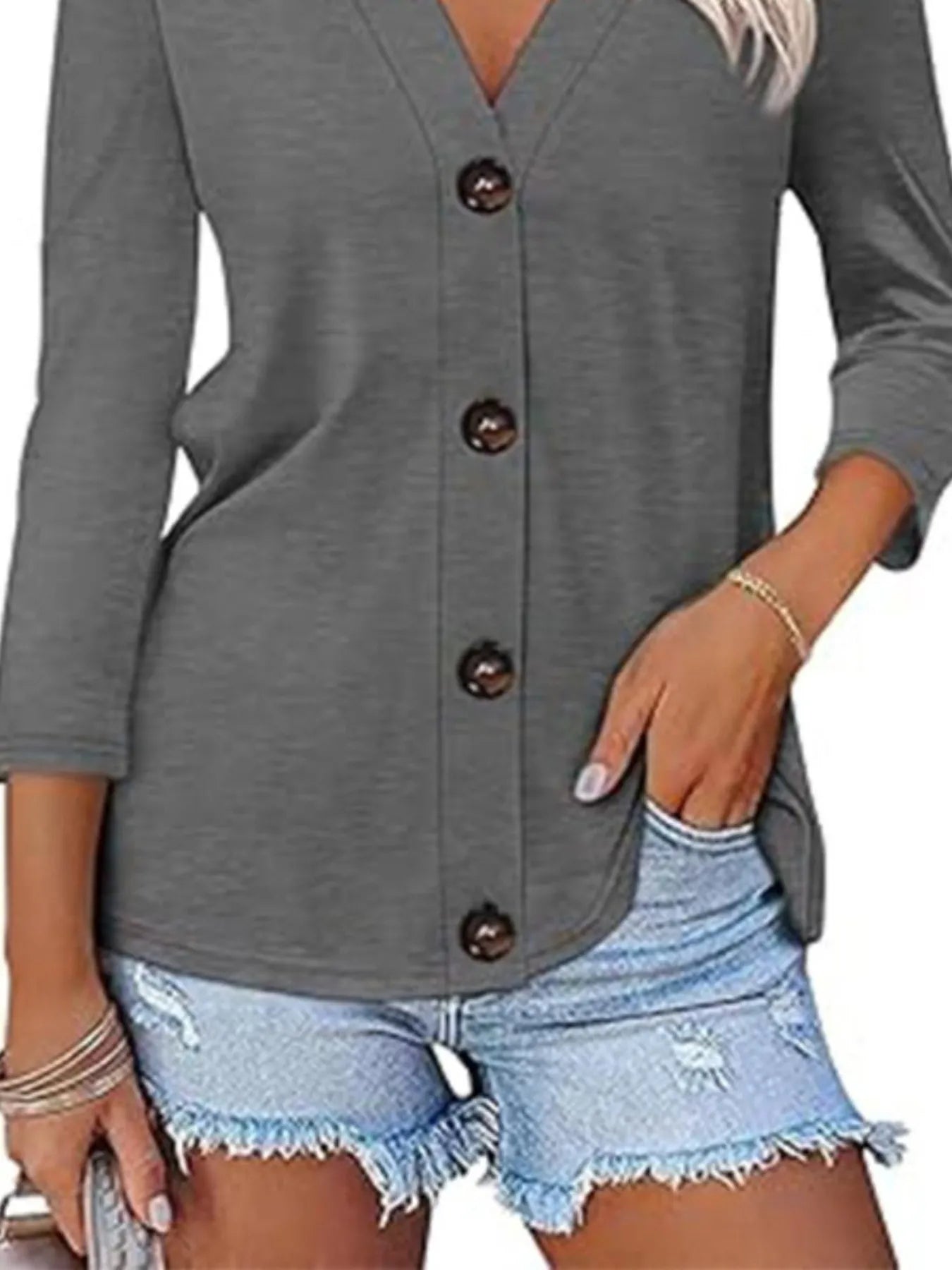 V - Neck Button Front Casual Top designed for comfort and style at Lookzlike