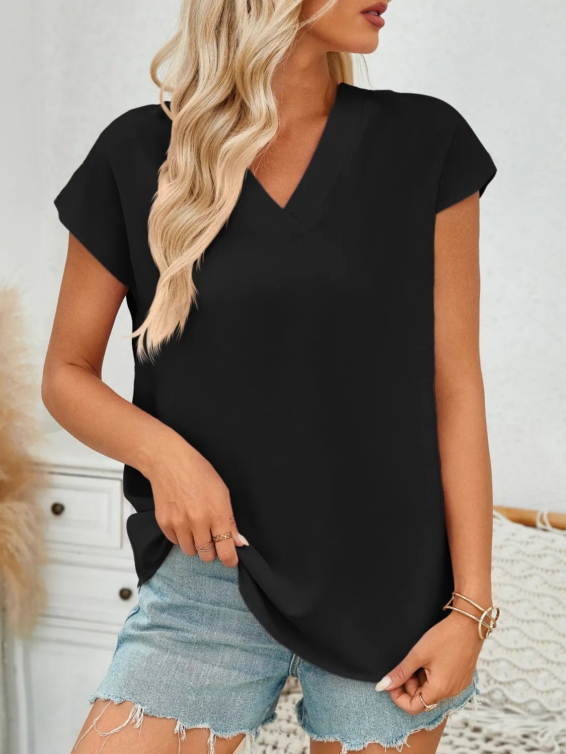 V-Neck Cap Sleeve Blouse - Lookzlike