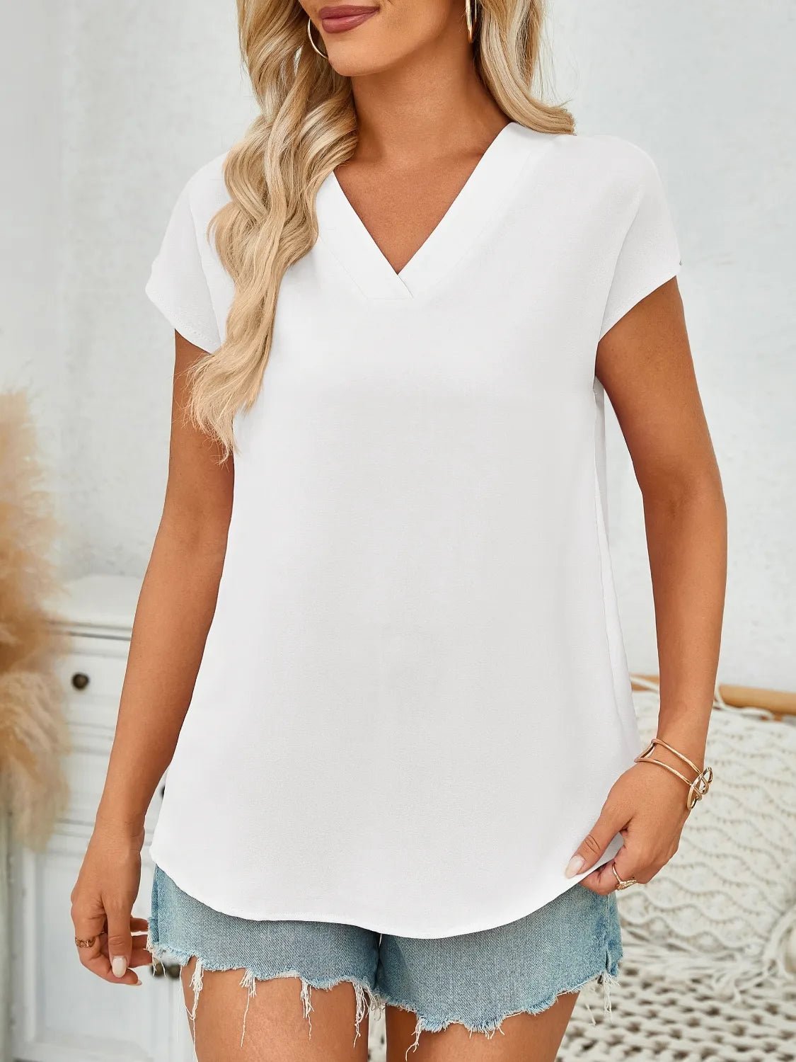 V-Neck Cap Sleeve Blouse - Lookzlike