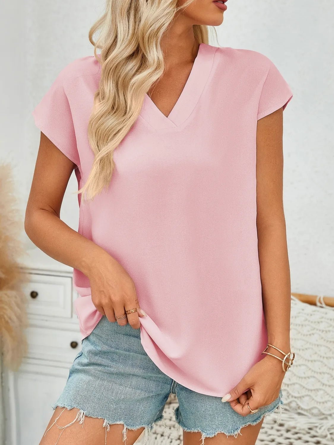V-Neck Cap Sleeve Blouse - Lookzlike