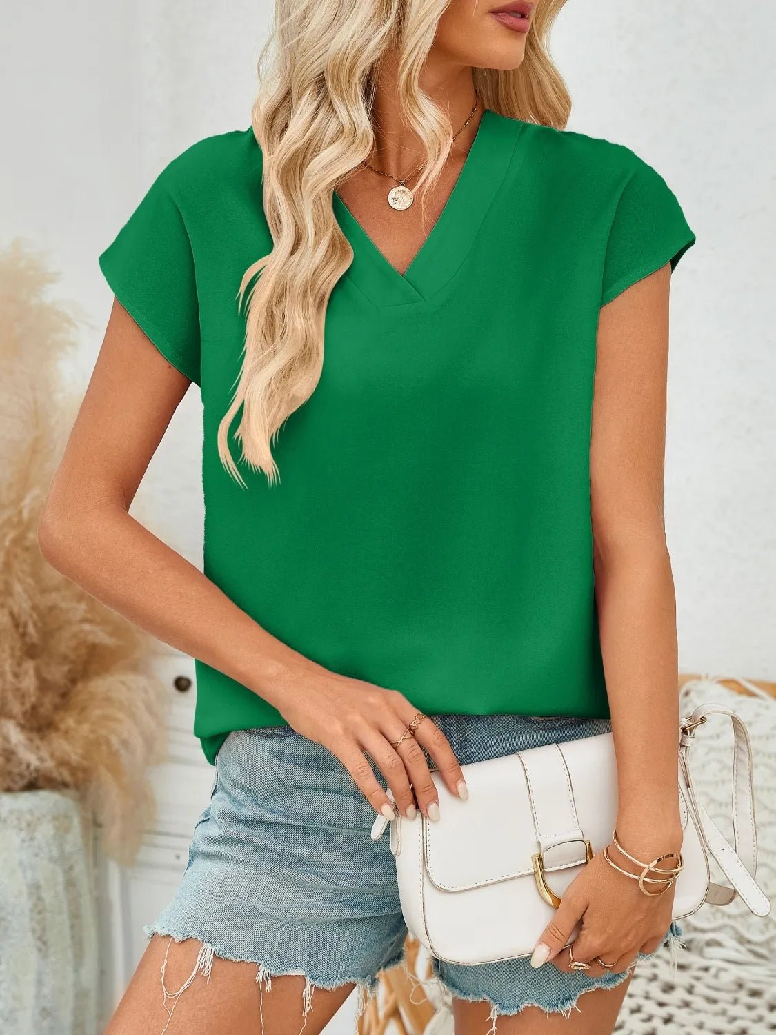 V-Neck Cap Sleeve Blouse - Lookzlike