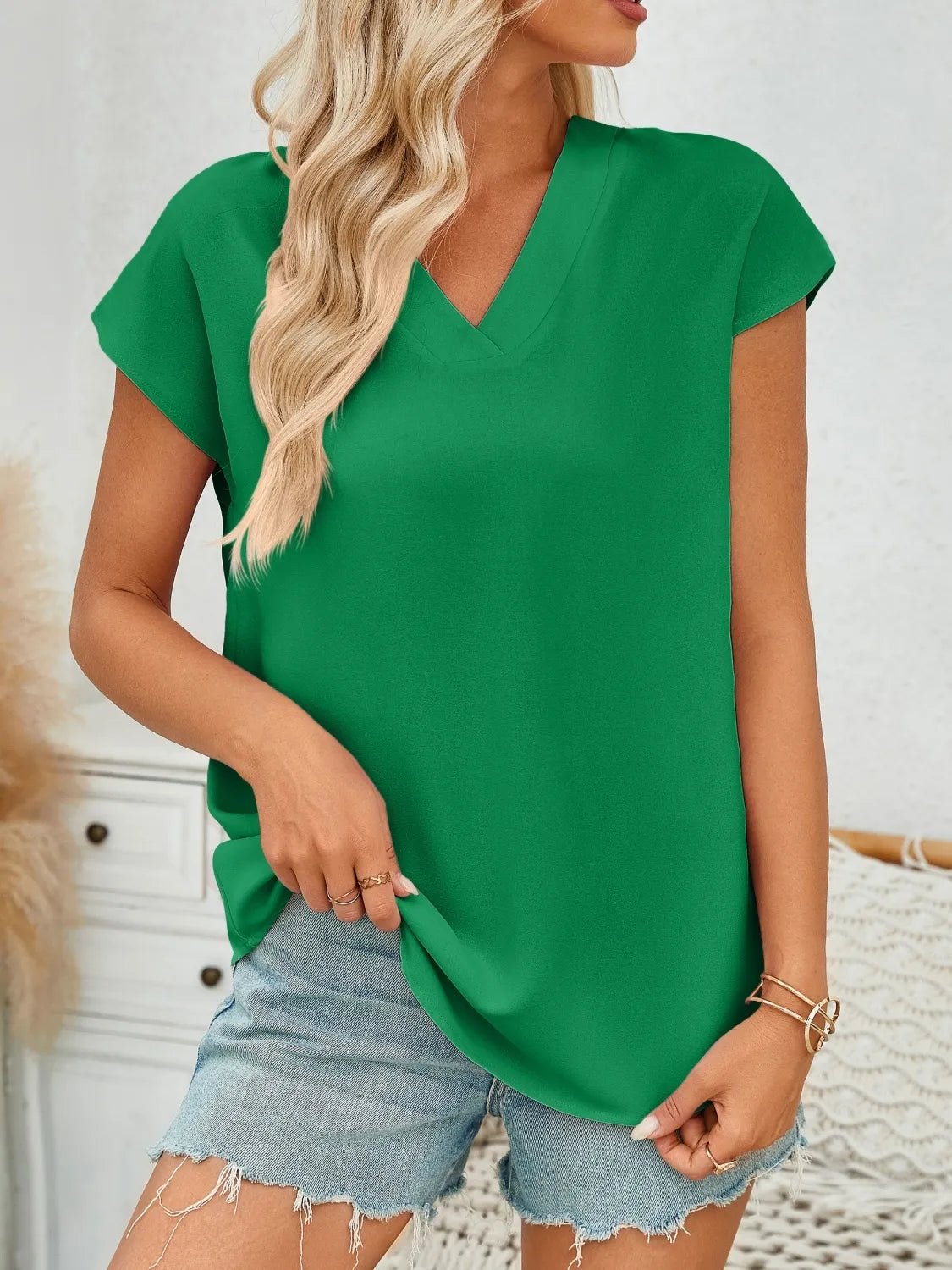 V-Neck Cap Sleeve Blouse - Lookzlike