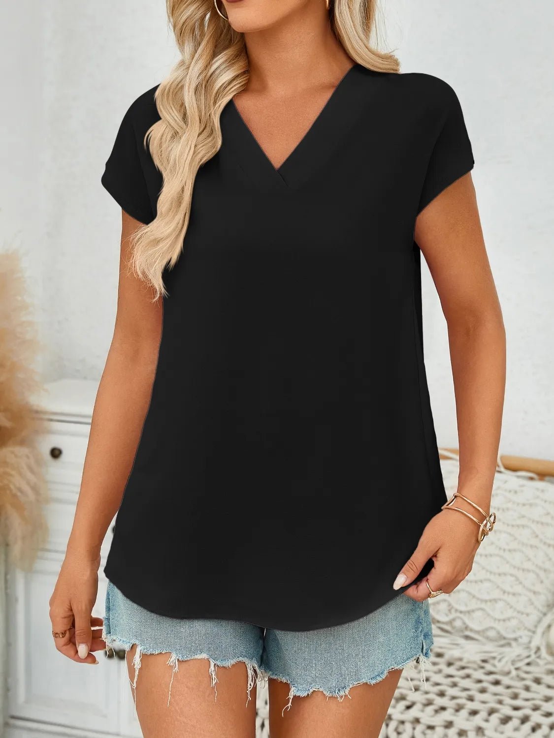 V-Neck Cap Sleeve Blouse - Lookzlike