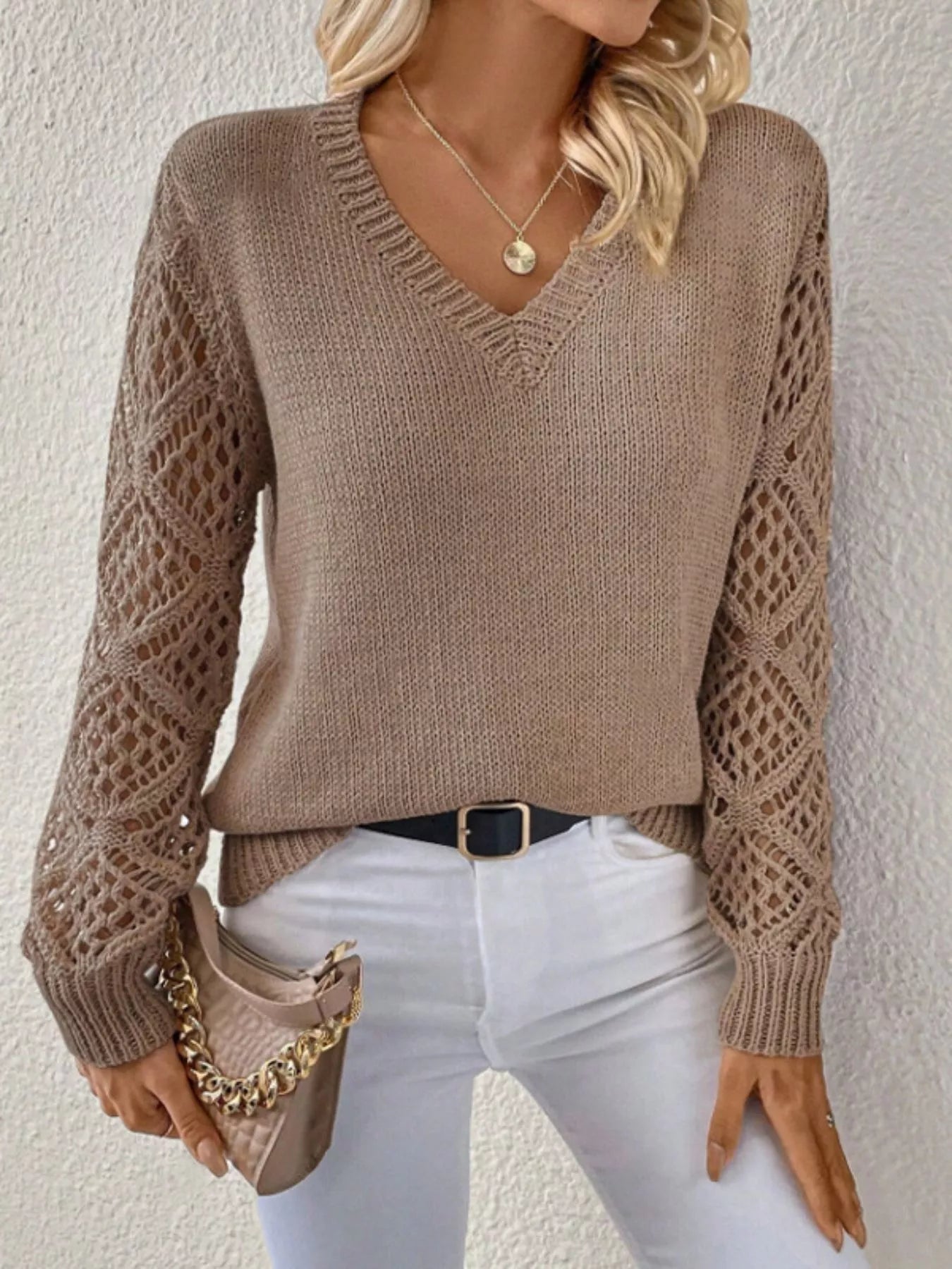 V - Neck Crochet Sleeve Sweater designed for comfort and style at Lookzlike