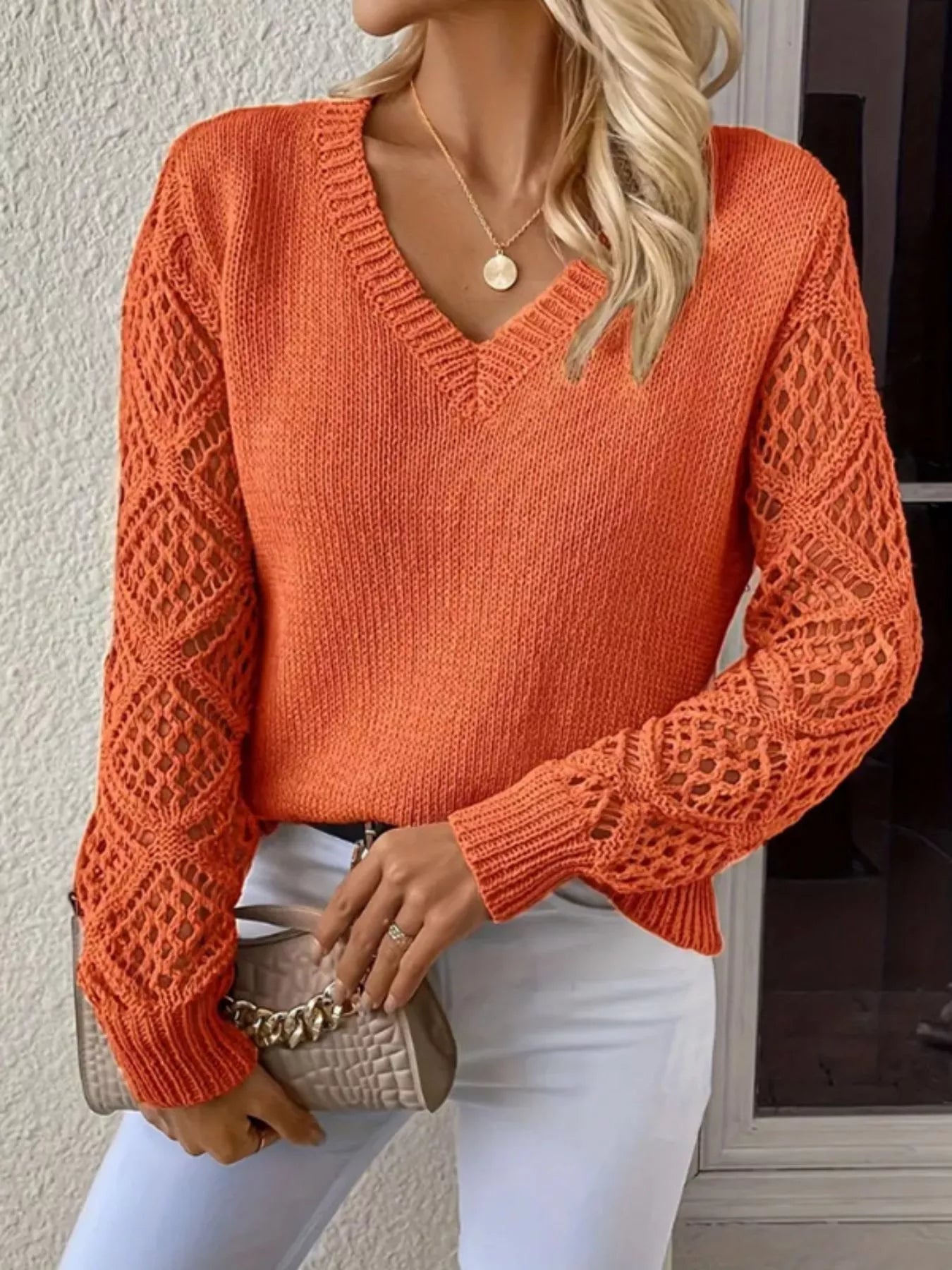 V - Neck Crochet Sleeve Sweater designed for comfort and style at Lookzlike