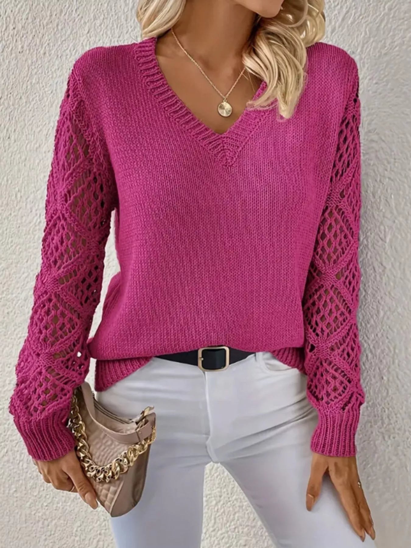 V - Neck Crochet Sleeve Sweater designed for comfort and style at Lookzlike