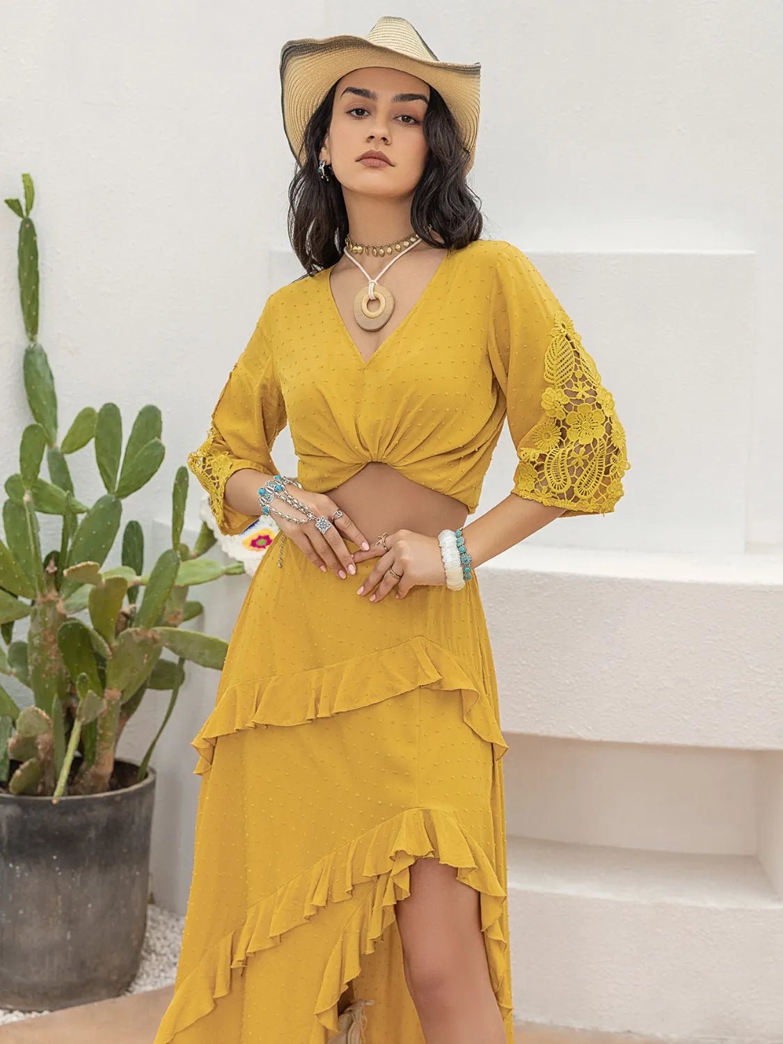 V-Neck Lace Three-Quarter Sleeve Top - Lookzlike