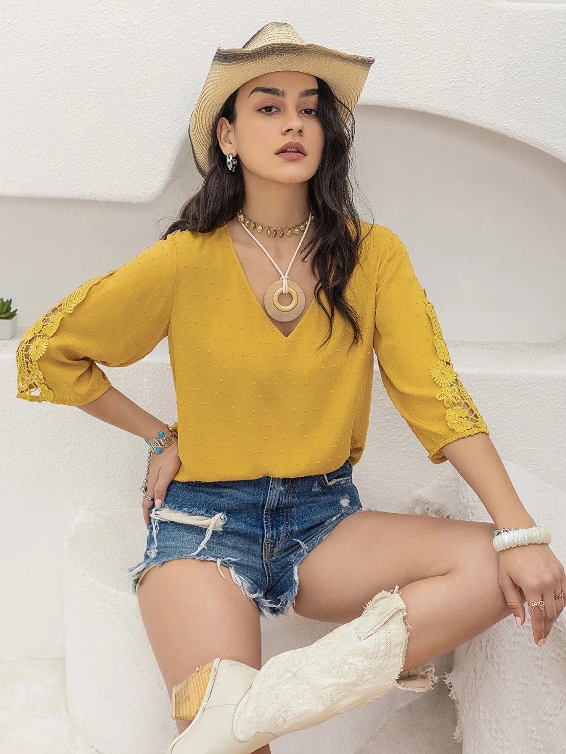 V-Neck Lace Three-Quarter Sleeve Top - Lookzlike