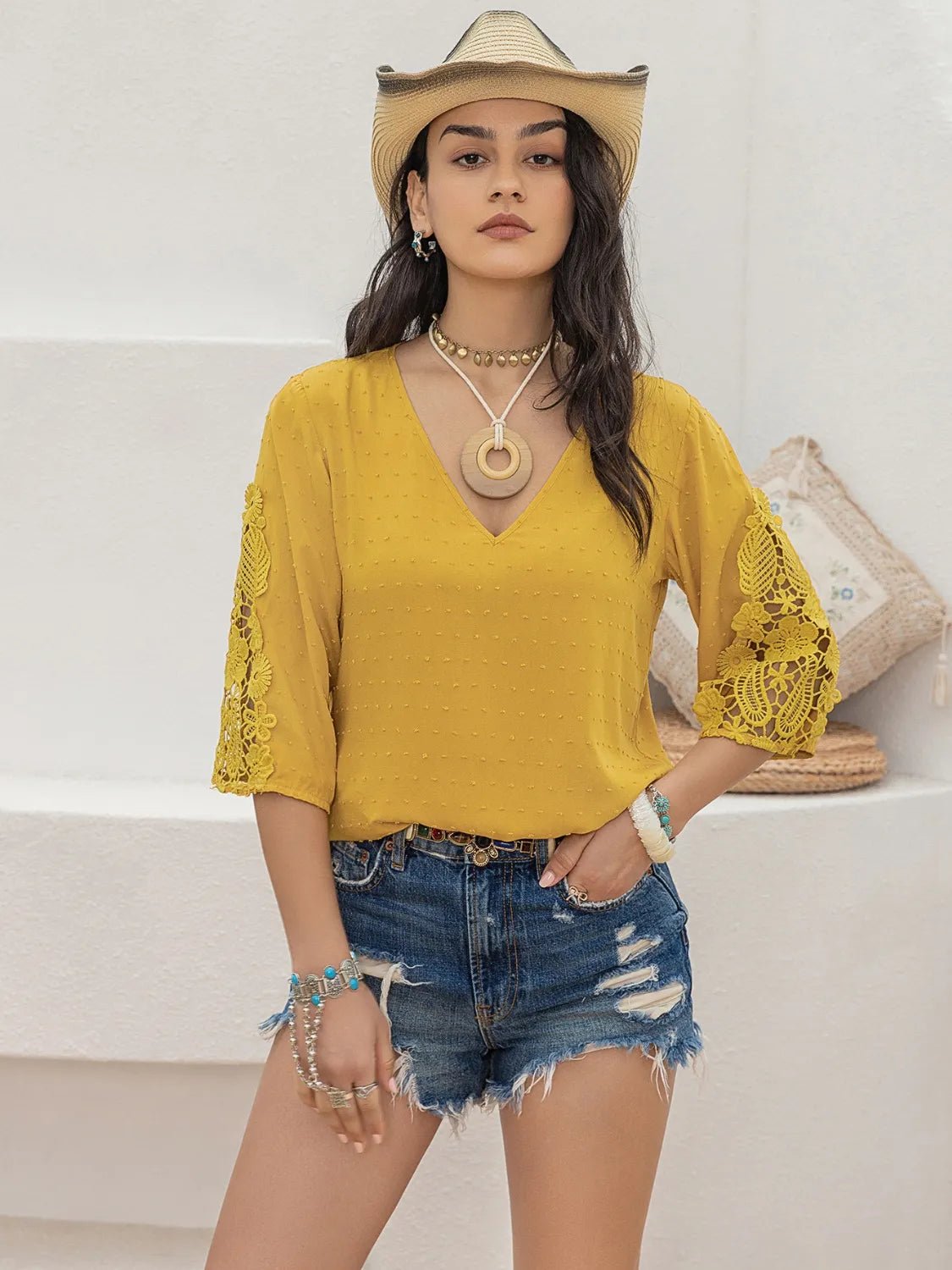 V-Neck Lace Three-Quarter Sleeve Top - Lookzlike