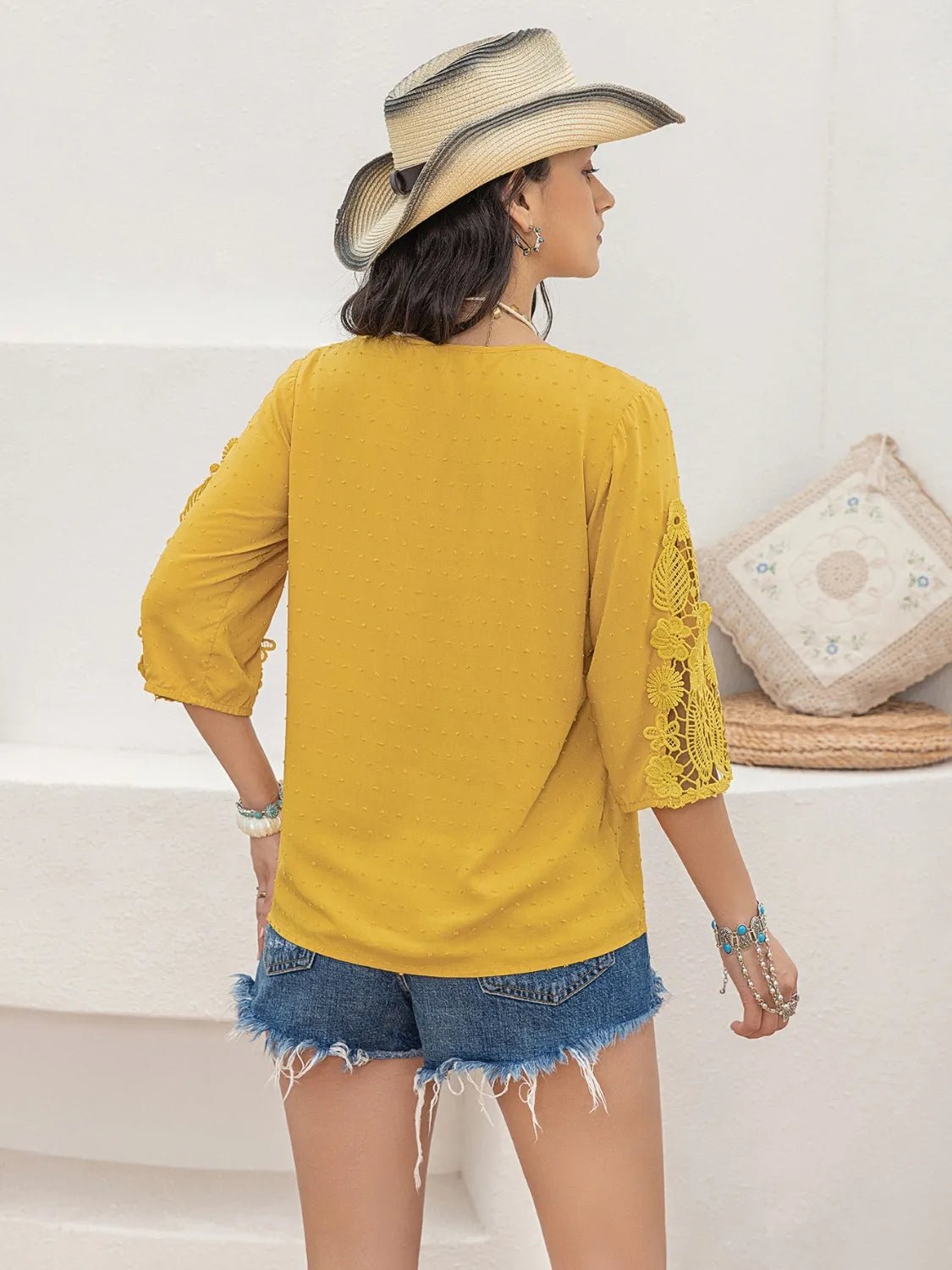 V-Neck Lace Three-Quarter Sleeve Top - Lookzlike