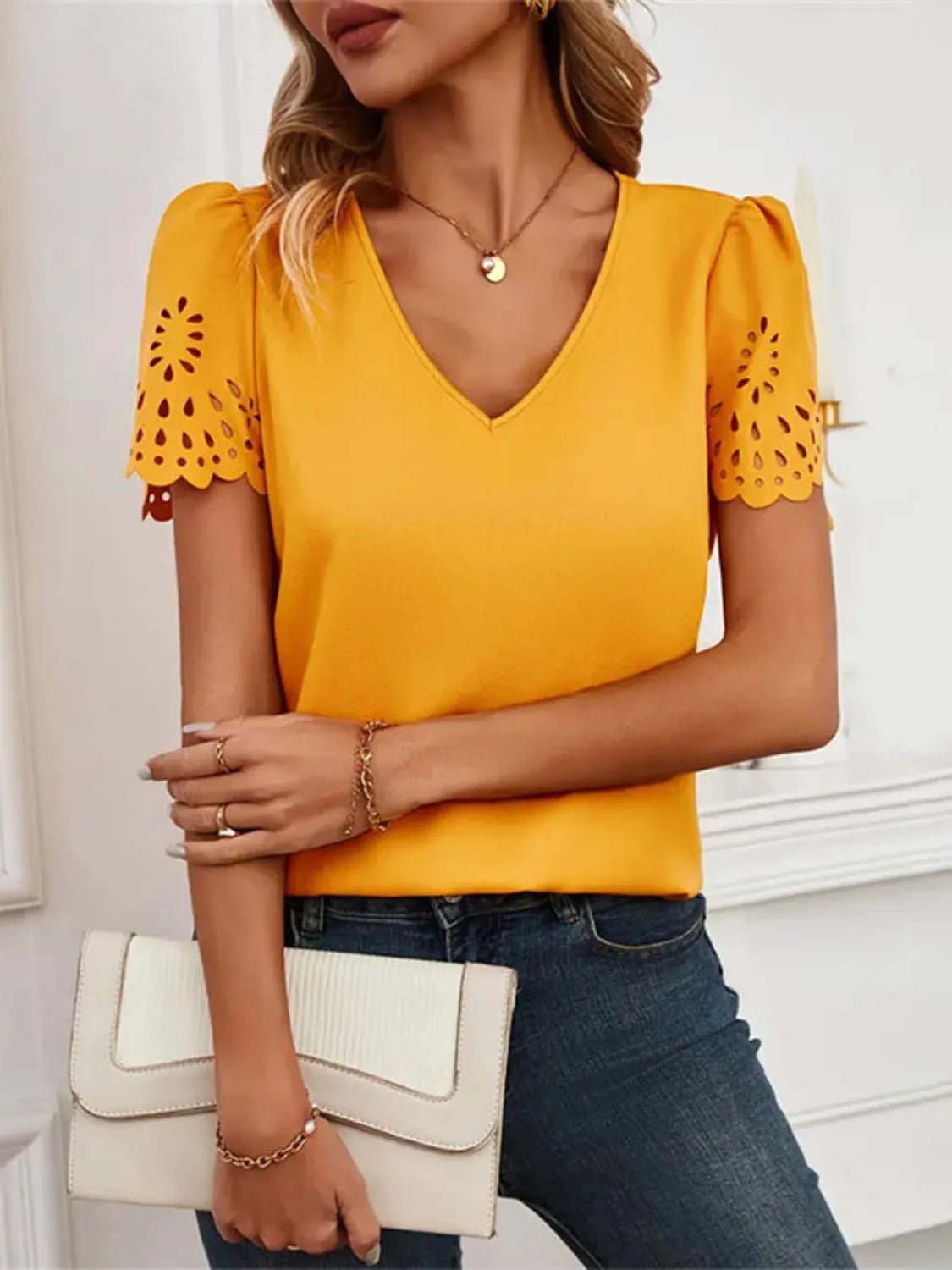 V-Neck Laser Cut Sleeve Blouse - Lookzlike