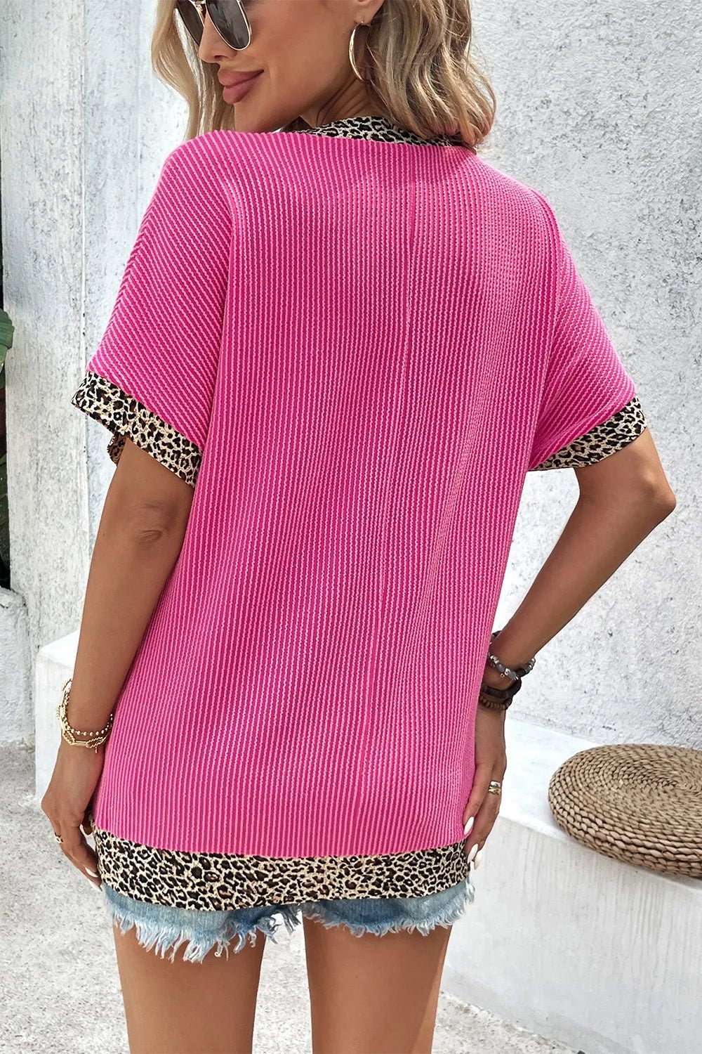 V-Neck Leopard Trim Ribbed Blouse - Lookzlike