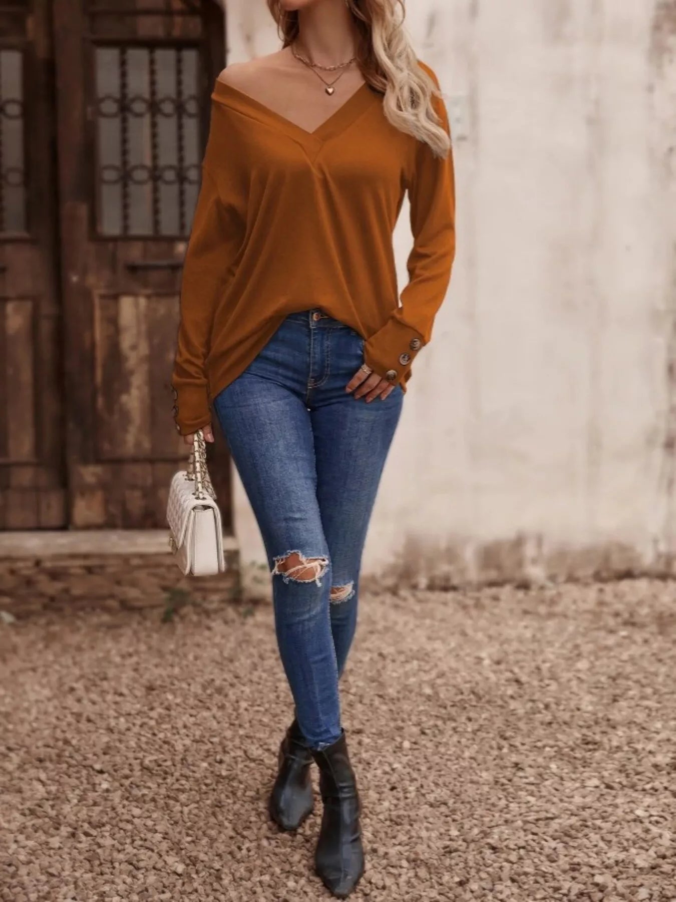 V - Neck Long Sleeve T-Shirt designed for comfort and style at Lookzlike