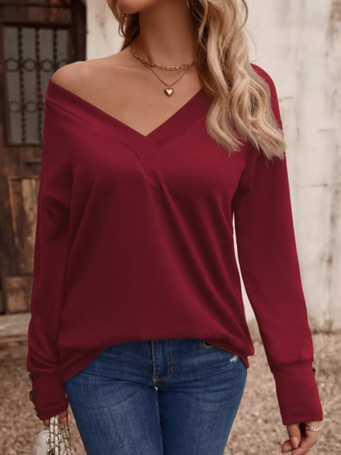 V - Neck Long Sleeve T-Shirt designed for comfort and style at Lookzlike