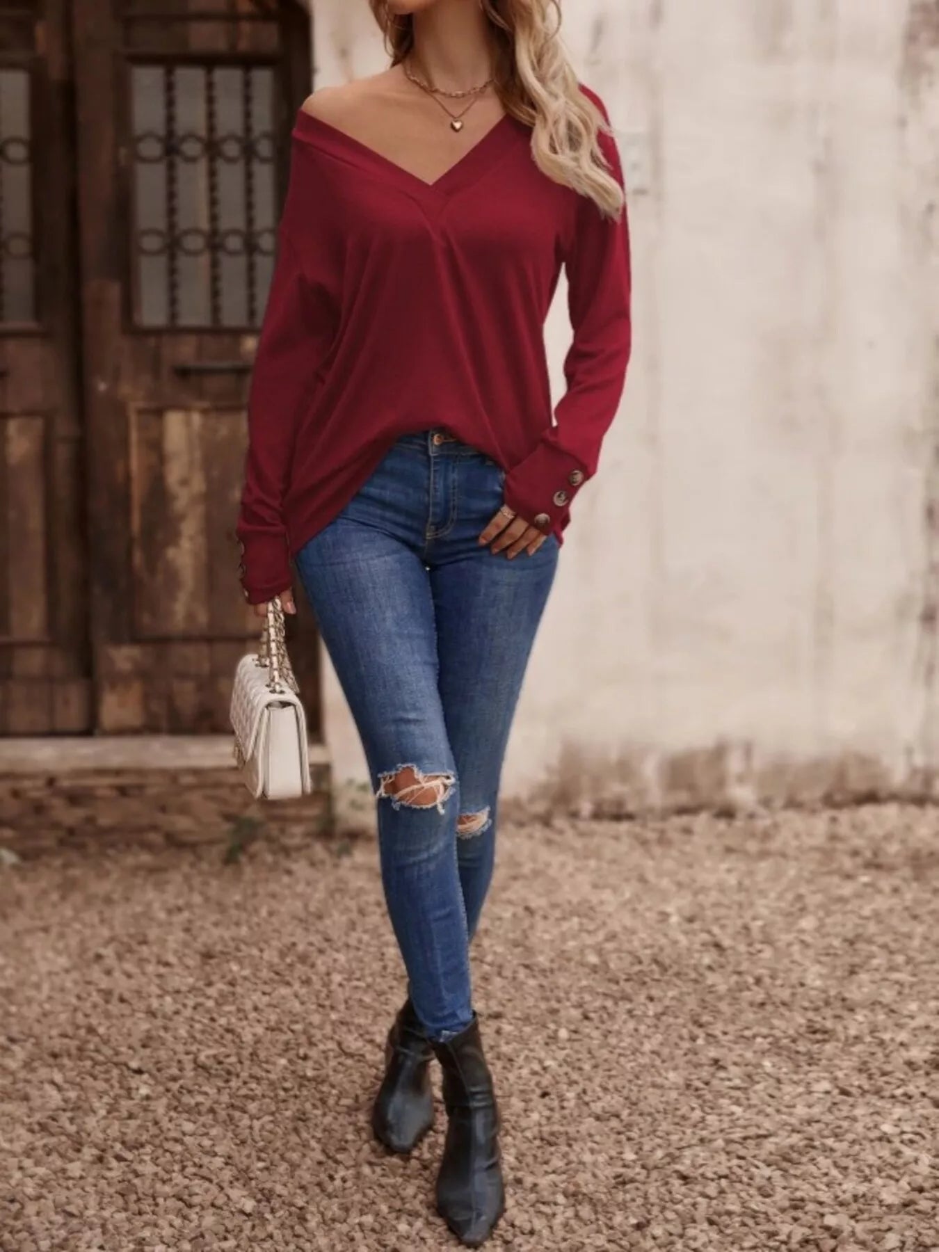 V - Neck Long Sleeve T-Shirt designed for comfort and style at Lookzlike