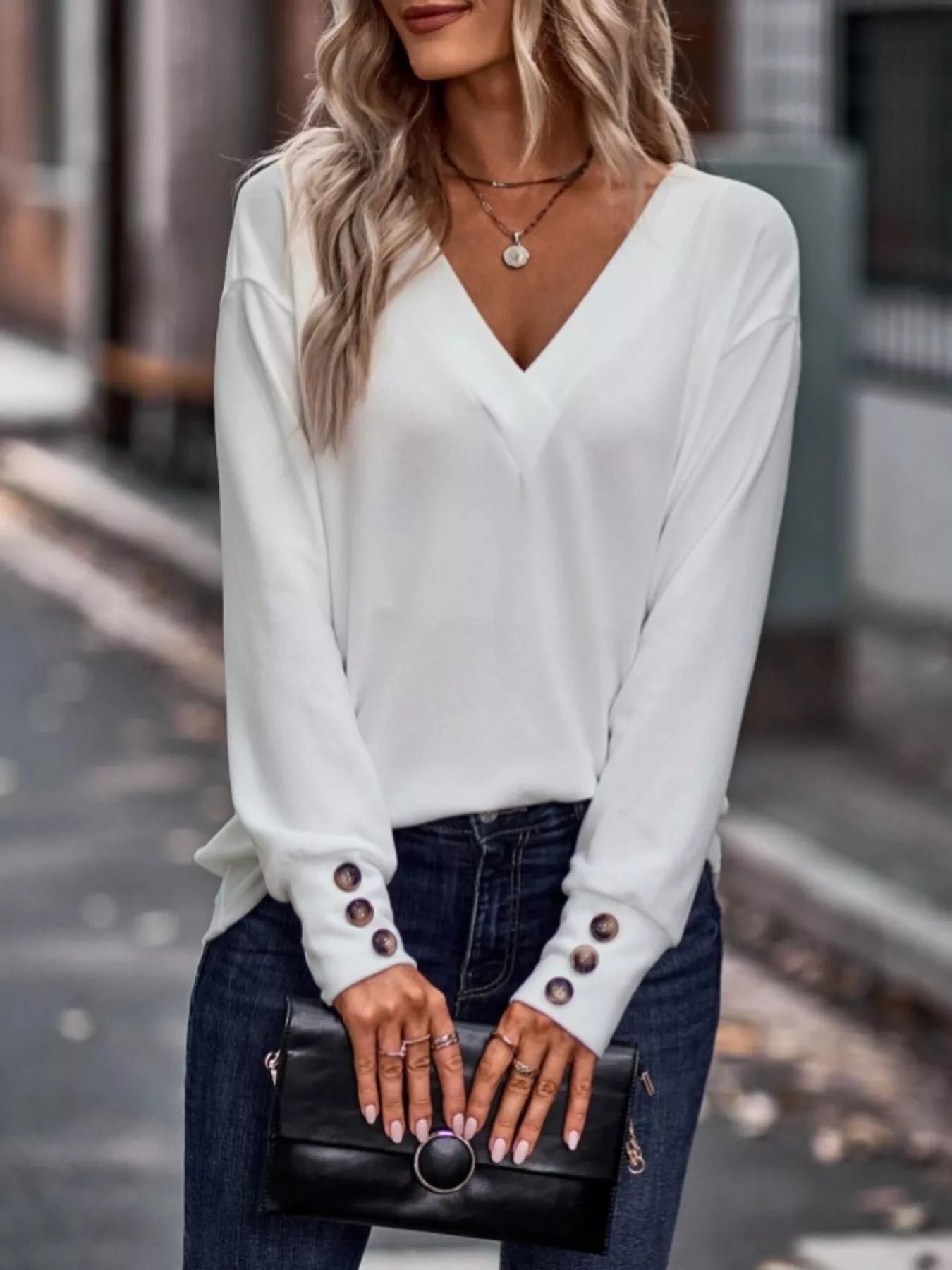 V - Neck Long Sleeve T-Shirt designed for comfort and style at Lookzlike