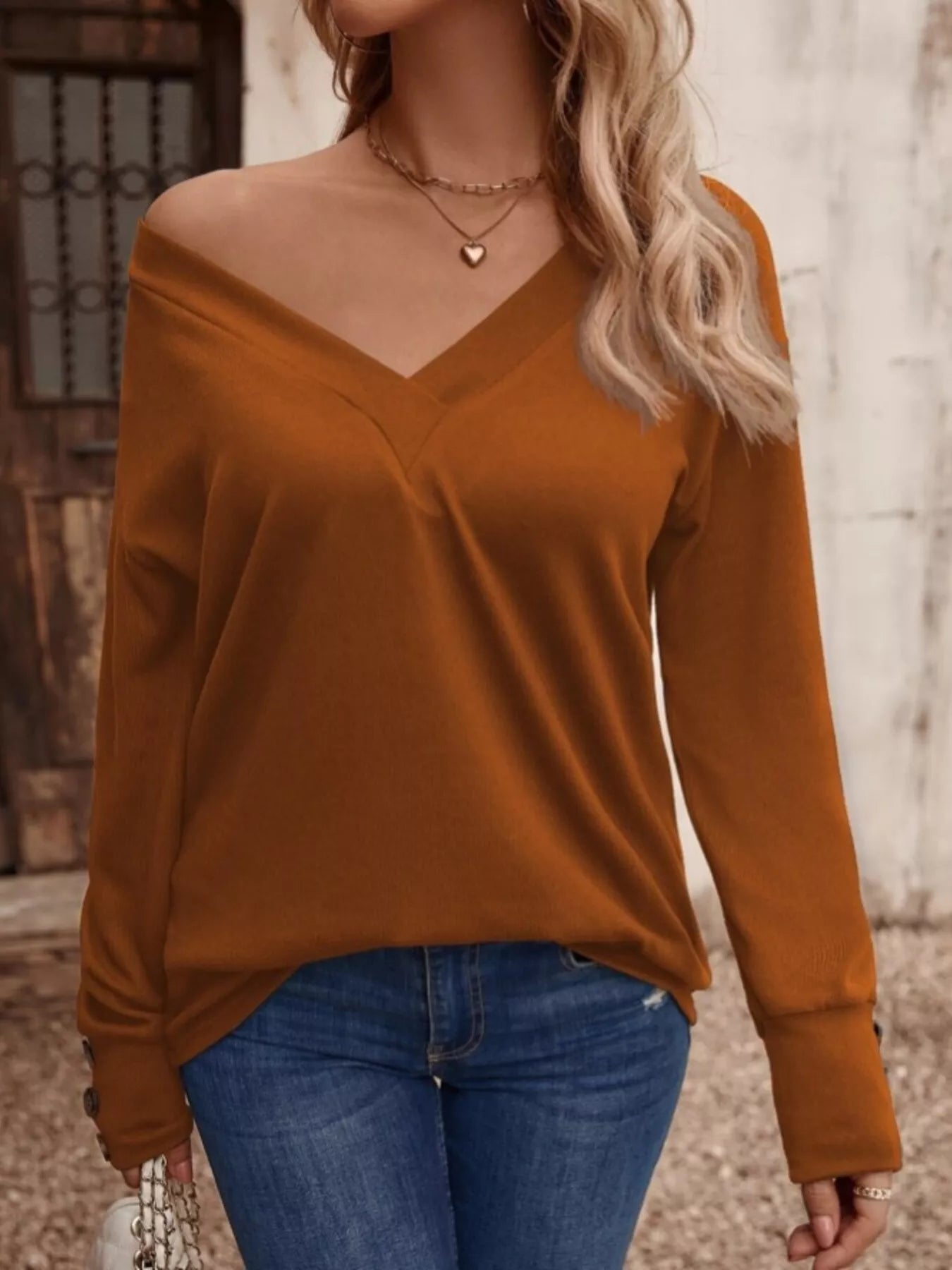 V - Neck Long Sleeve T-Shirt designed for comfort and style at Lookzlike