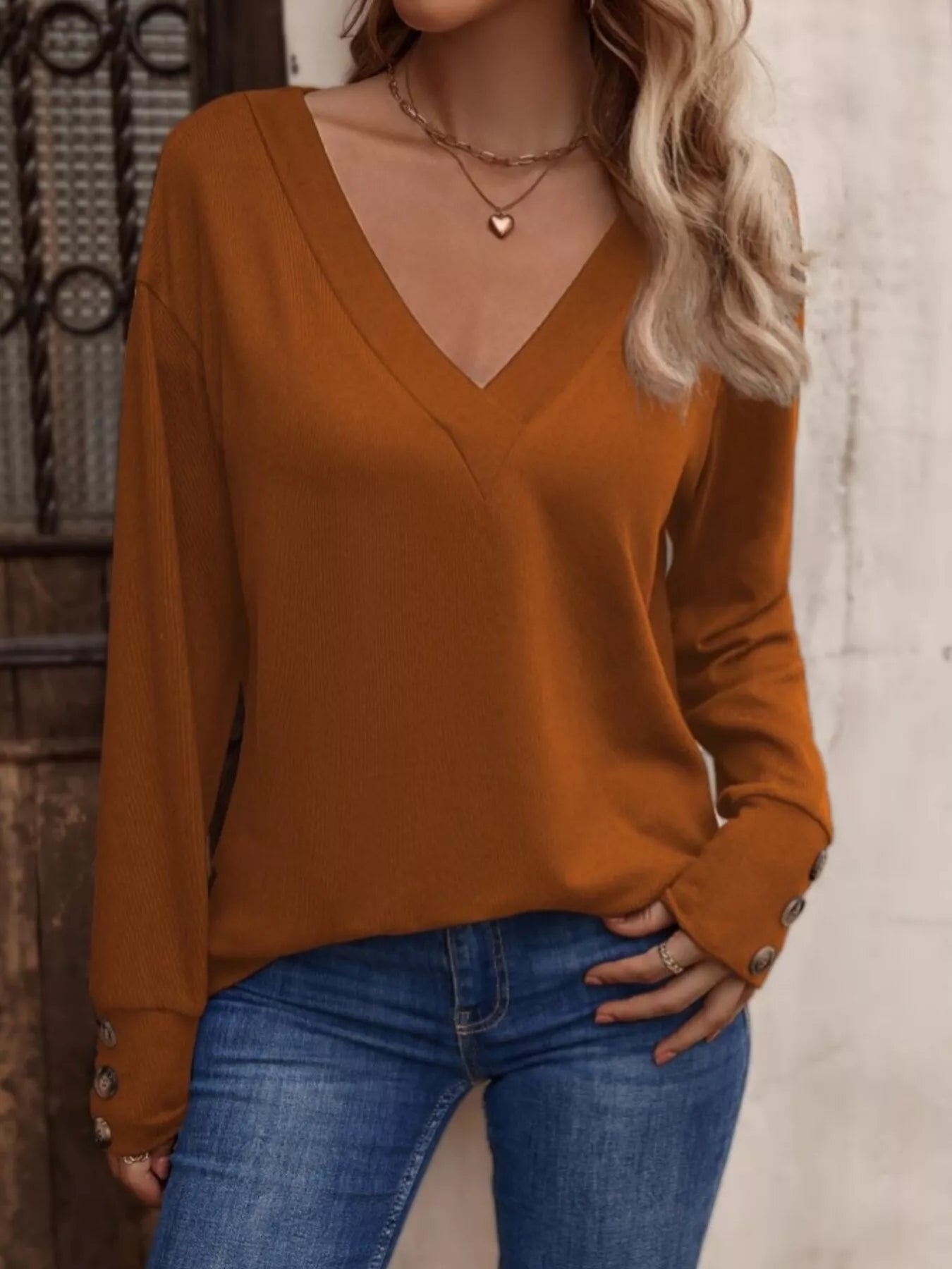 V - Neck Long Sleeve T-Shirt designed for comfort and style at Lookzlike