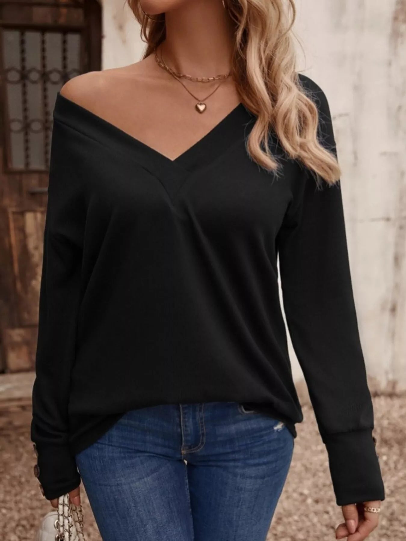 V - Neck Long Sleeve T-Shirt designed for comfort and style at Lookzlike