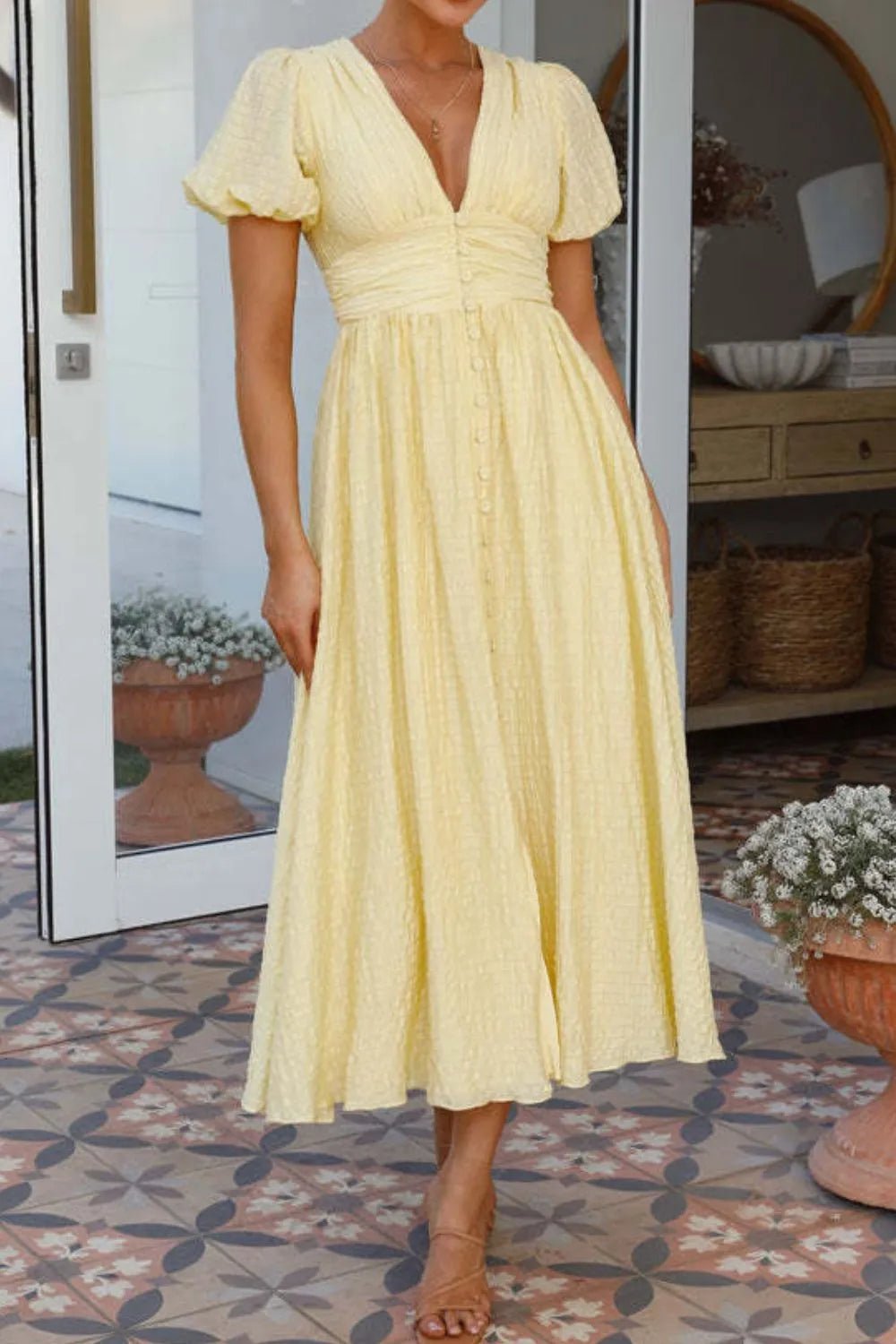 V-Neck Puff Short Sleeve Midi Dress - Lookzlike