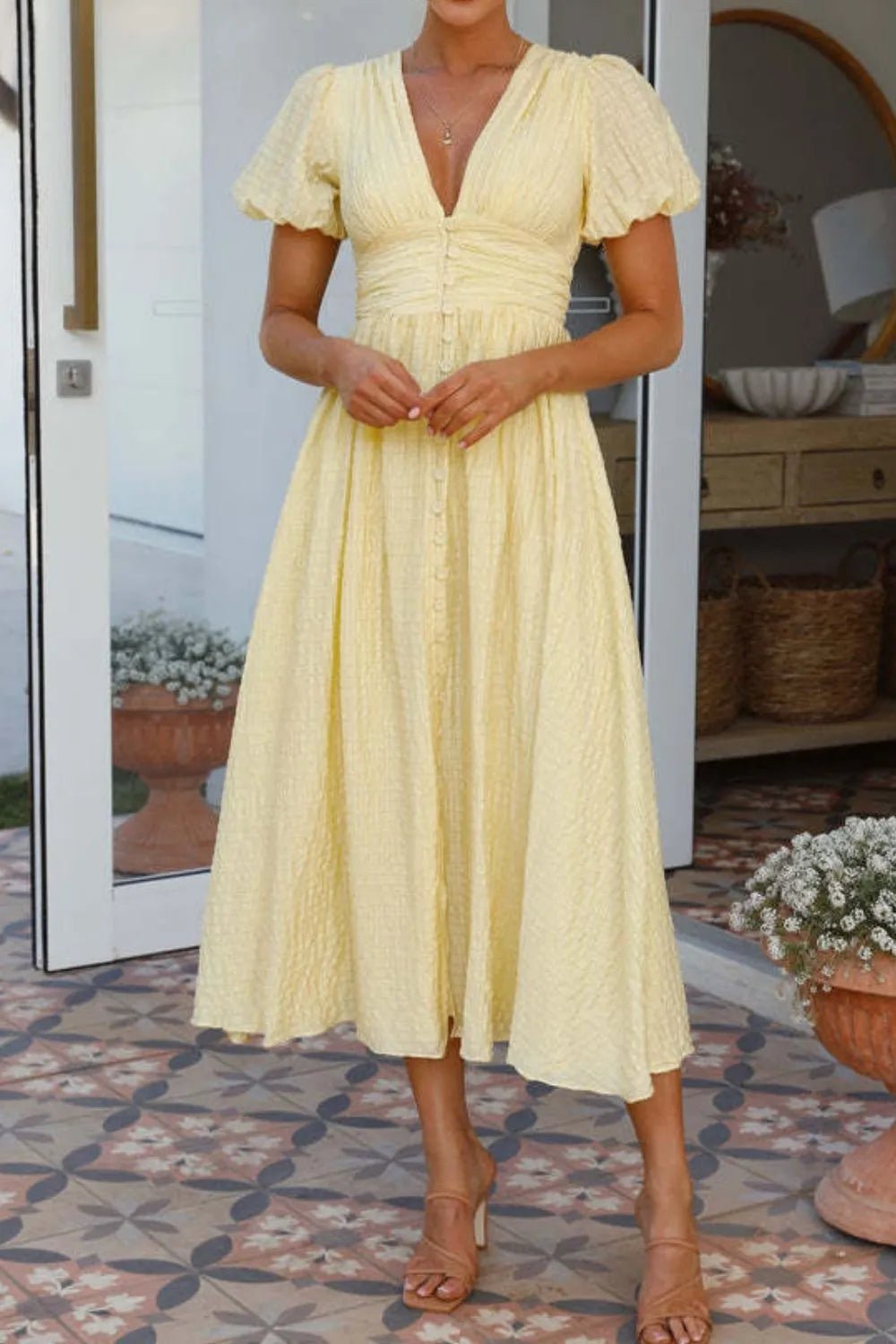 V-Neck Puff Short Sleeve Midi Dress - Lookzlike