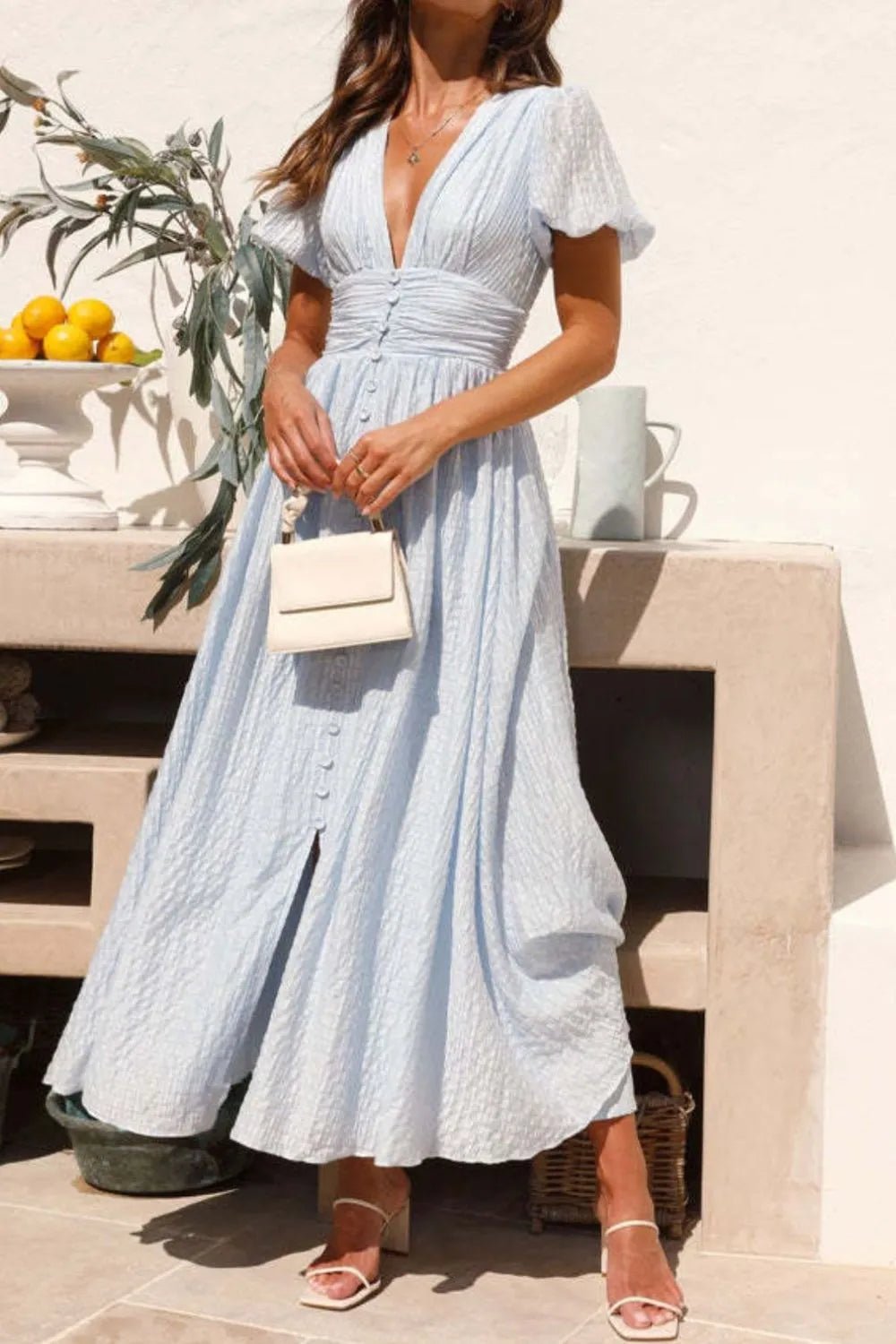V-Neck Puff Short Sleeve Midi Dress - Lookzlike