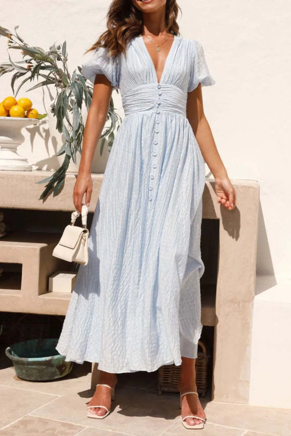 V-Neck Puff Short Sleeve Midi Dress - Lookzlike