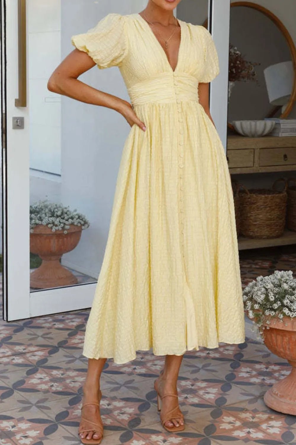 V-Neck Puff Short Sleeve Midi Dress - Lookzlike
