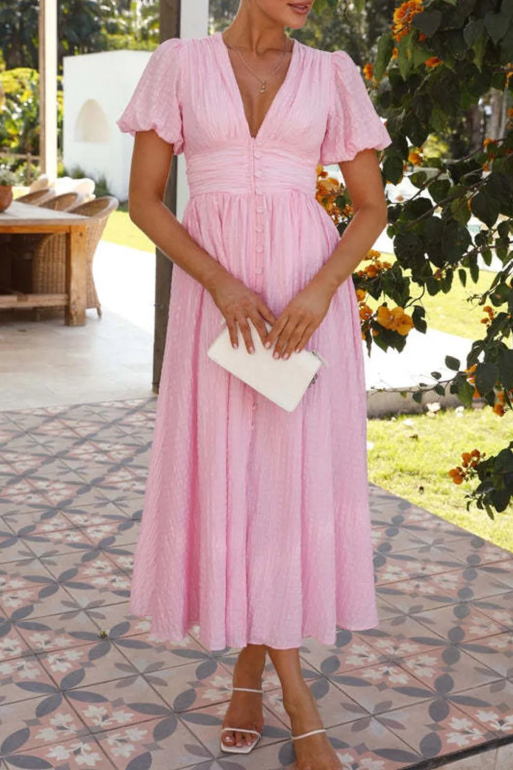 V-Neck Puff Short Sleeve Midi Dress - Lookzlike