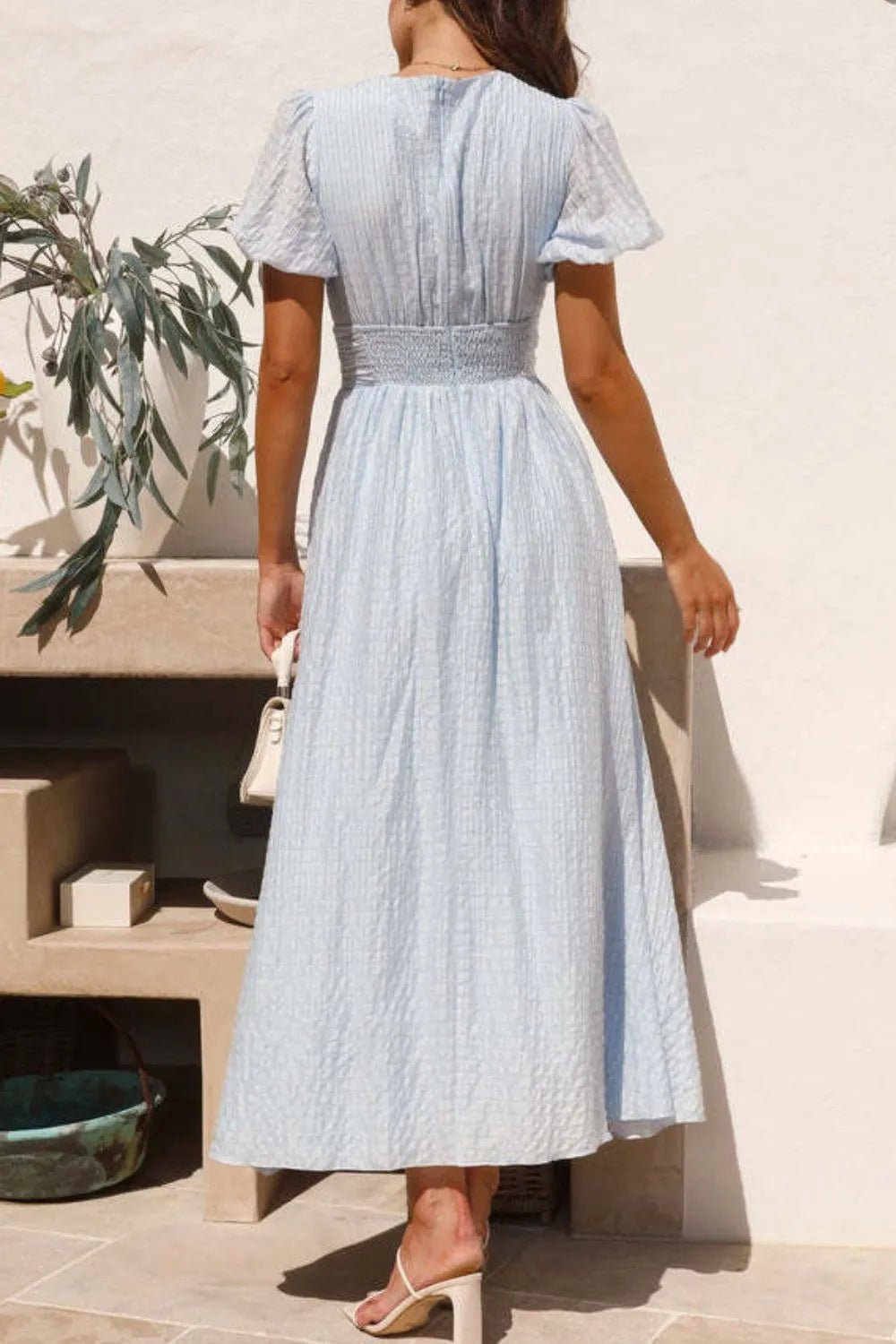 V-Neck Puff Short Sleeve Midi Dress - Lookzlike