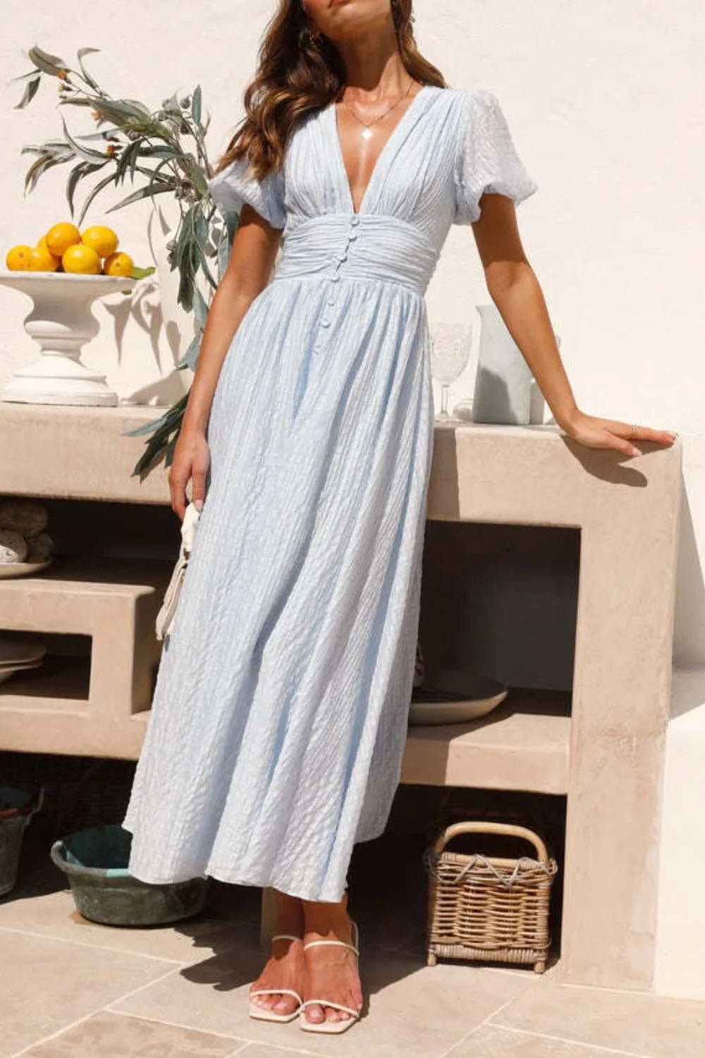 V-Neck Puff Short Sleeve Midi Dress - Lookzlike
