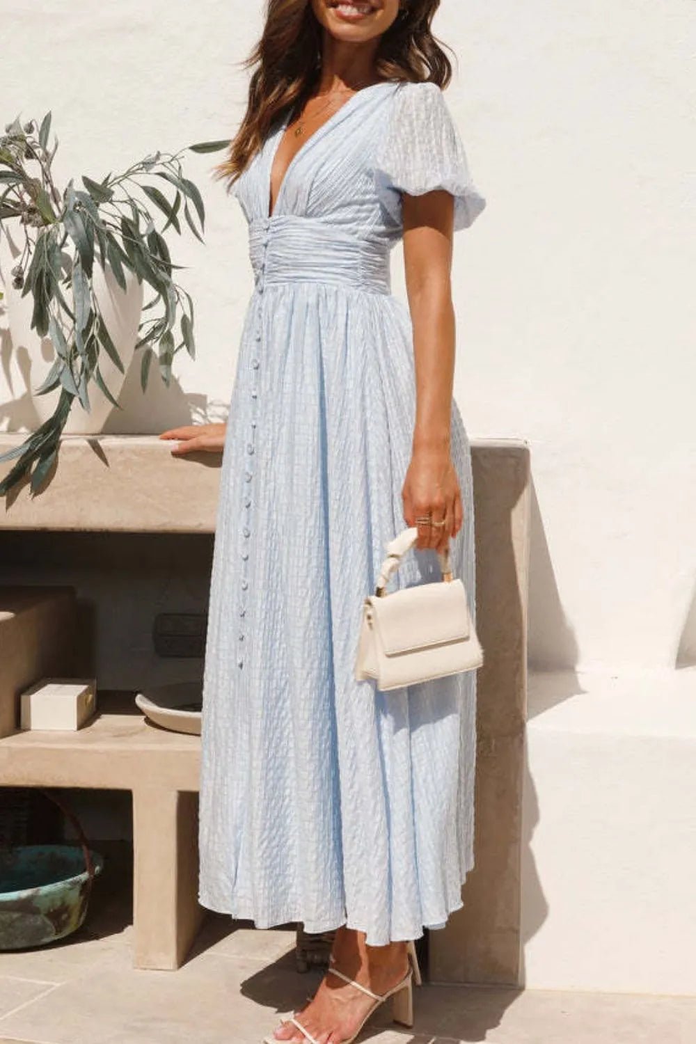 V-Neck Puff Short Sleeve Midi Dress - Lookzlike