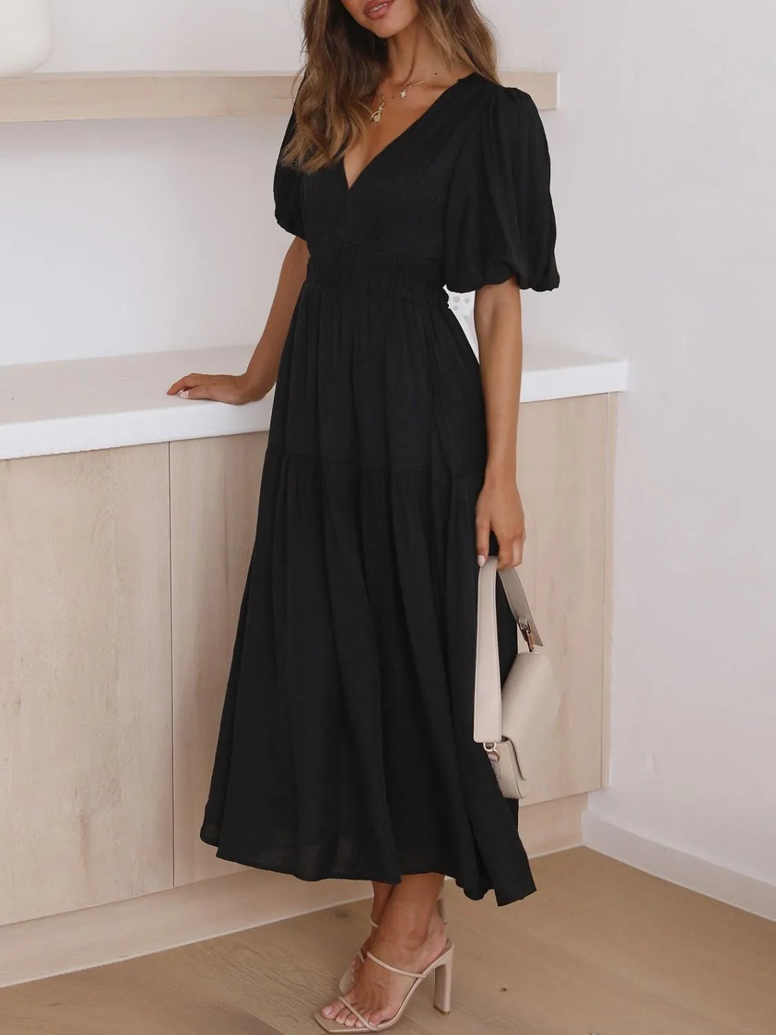V-Neck Puff Sleeve Midi Dress - Lookzlike