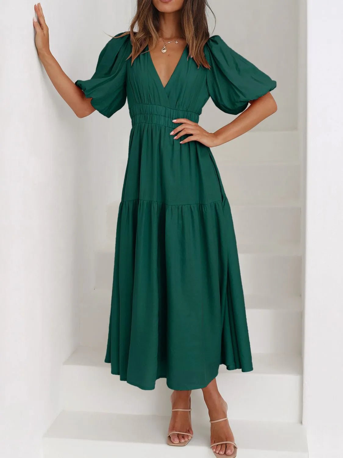 V-Neck Puff Sleeve Midi Dress - Lookzlike