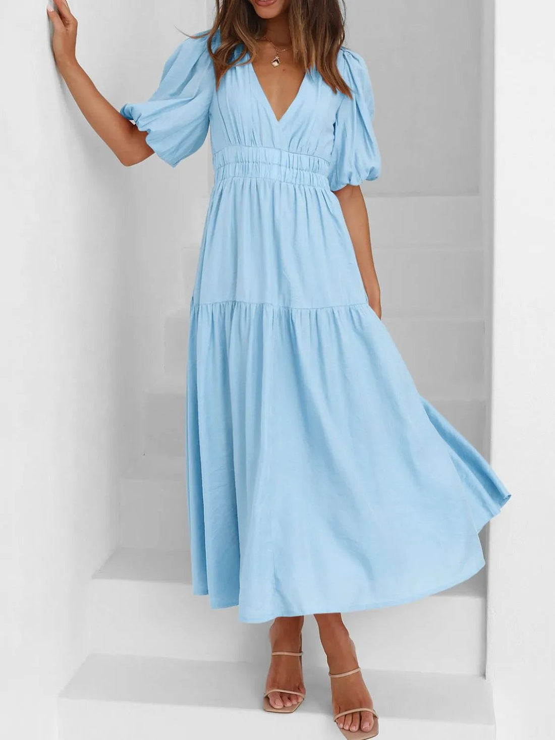 V-Neck Puff Sleeve Midi Dress - Lookzlike