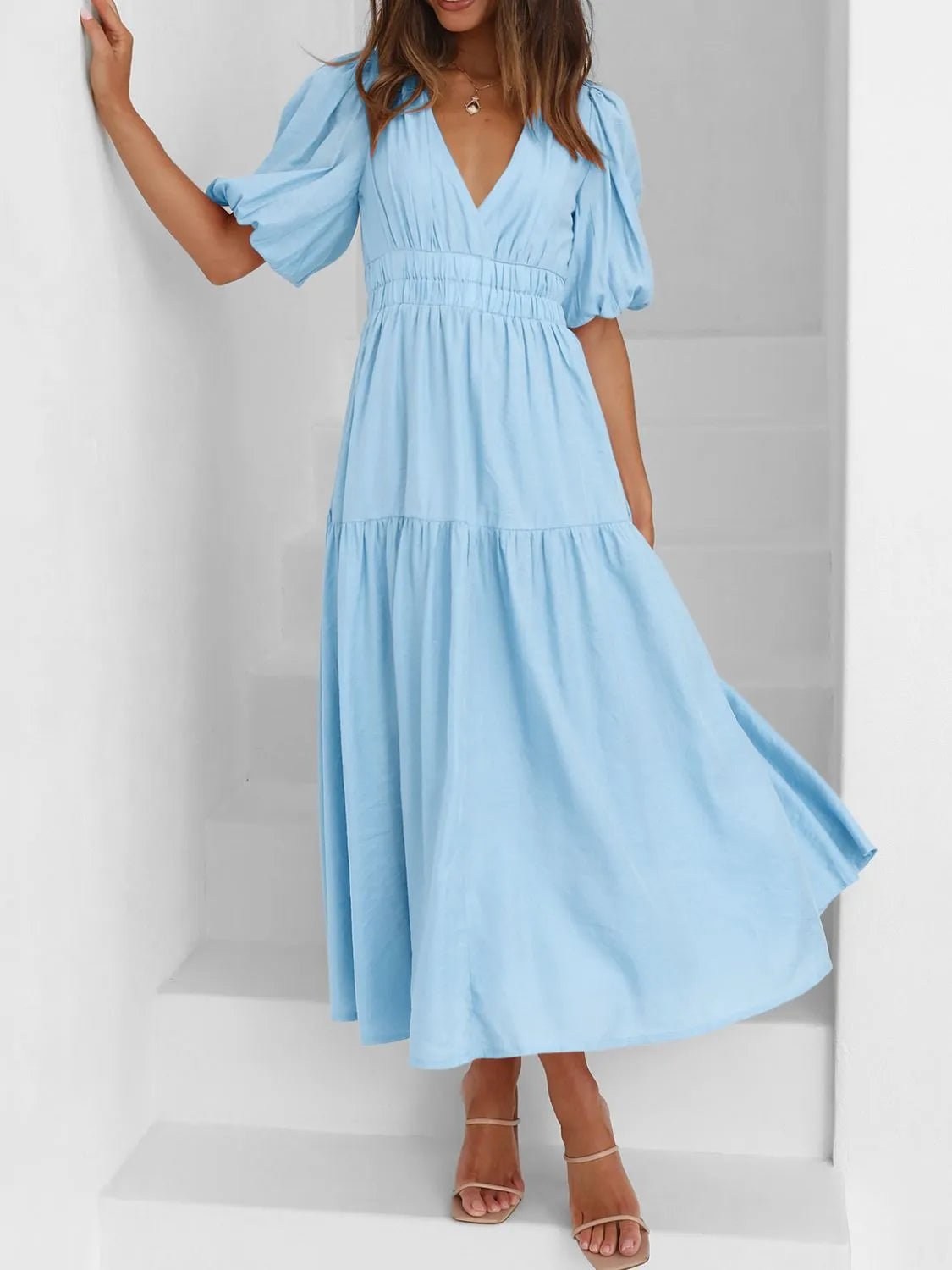 V-Neck Puff Sleeve Midi Dress - Lookzlike